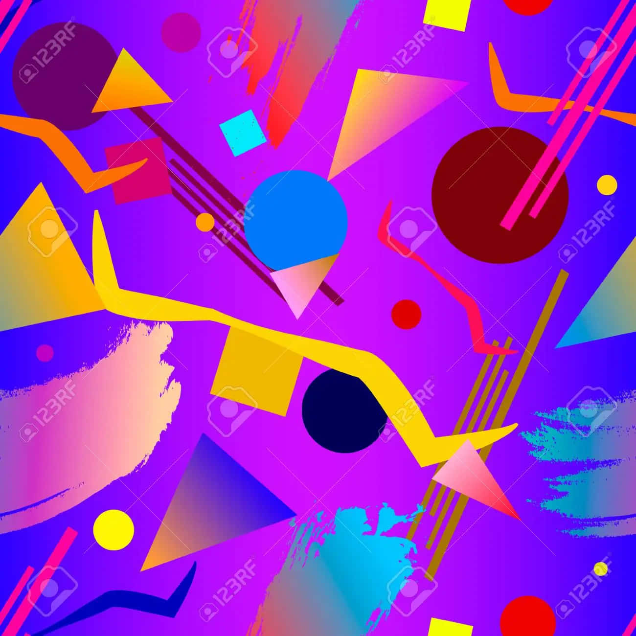 90s Stickers 桌布 壁紙 — 充滿活力的抽象數位藝術作品，在紫色漸變背景上迸發出霓虹形狀和大膽的筆觸。