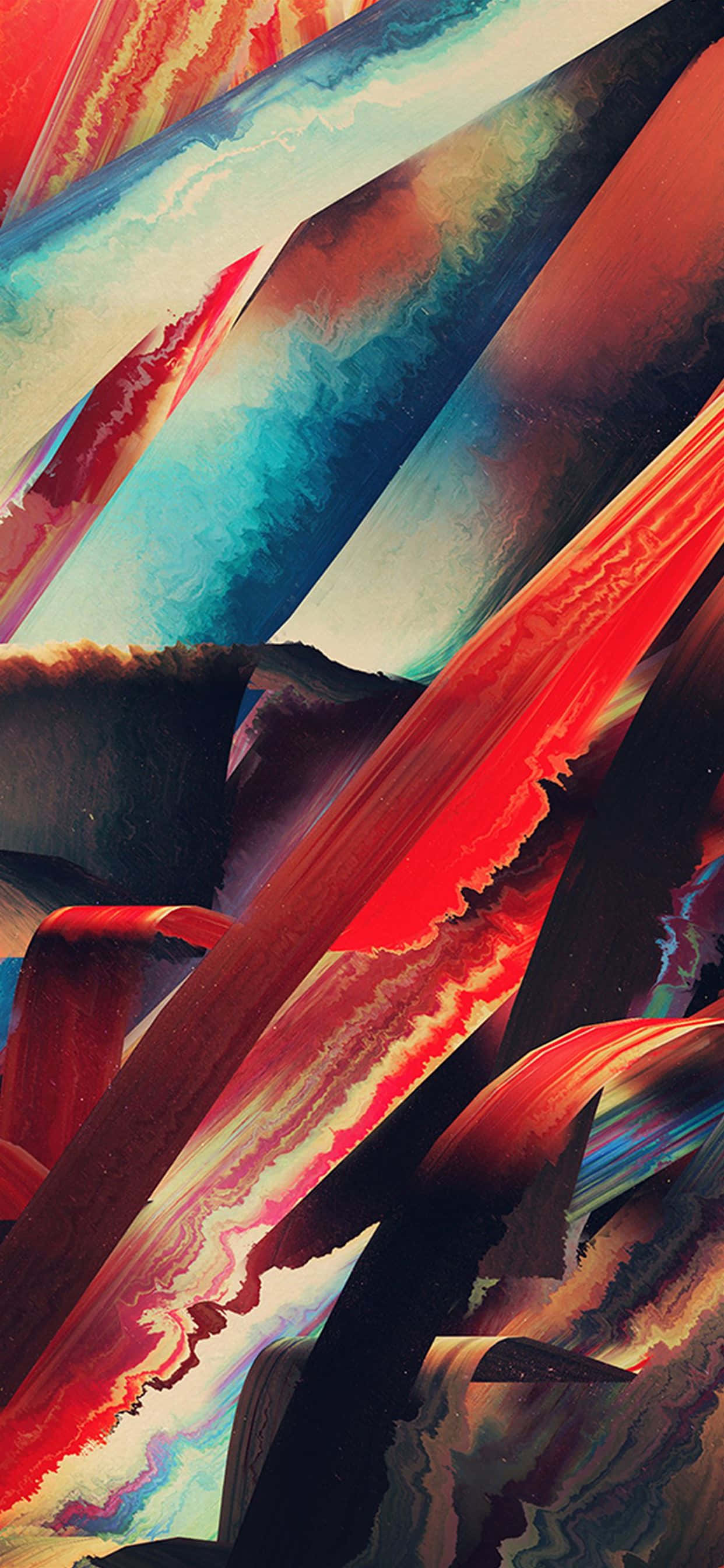 Dark Abstract Art 桌布 壁紙 — 充滿活力的抽象數位藝術作品，大膽的紅色、藍色和橙色以動態的對角線條流動。