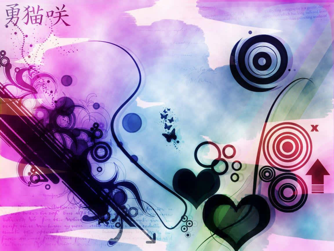 Cute Love Heart 桌布 壁紙 — 充滿活力的抽象數位藝術作品，帶有旋轉的紫色和藍色漸變、黑色心形、同心圓和蝴蝶圖案。