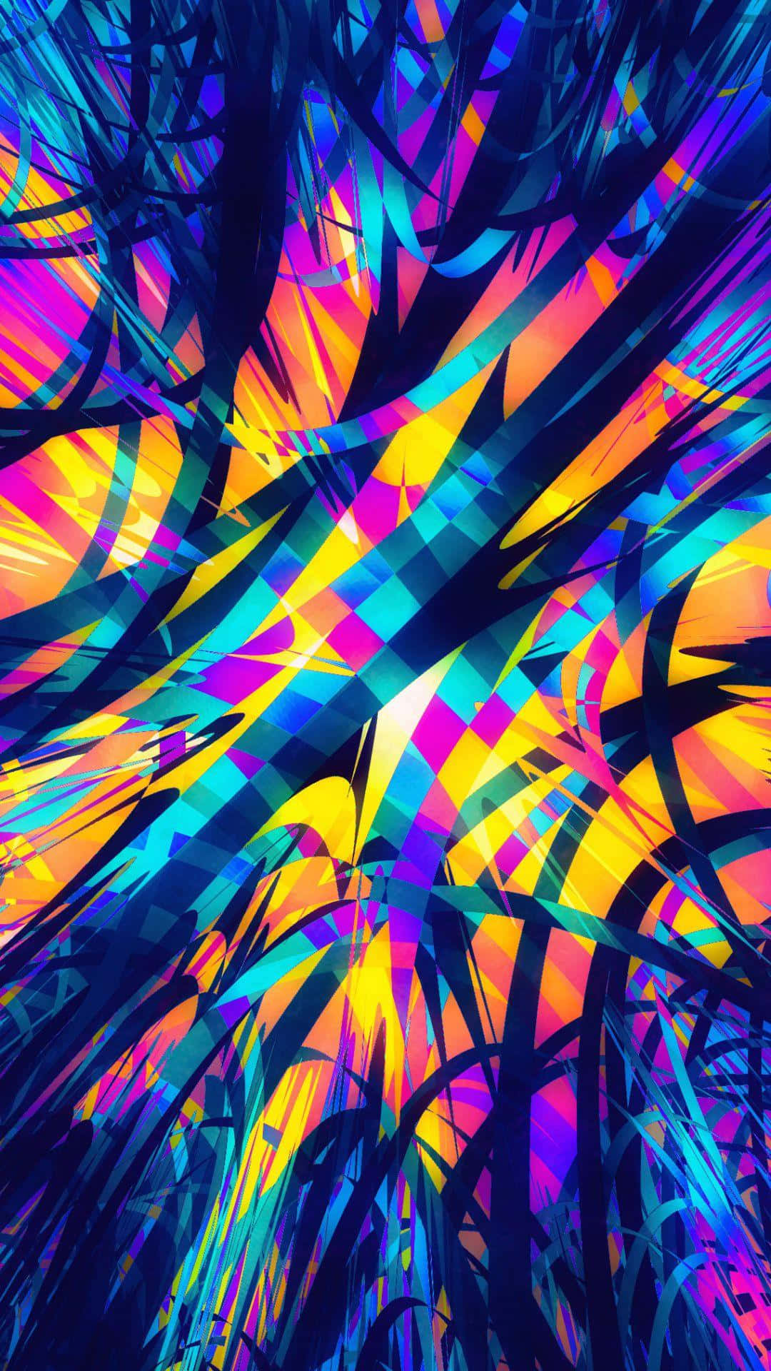 Multicolor 桌布 壁紙 — 充滿活力的抽象數位藝術作品，帶有藍色、紫色、黃色和橙色的鋸齒狀霓虹條紋，在深色背景上爆發。