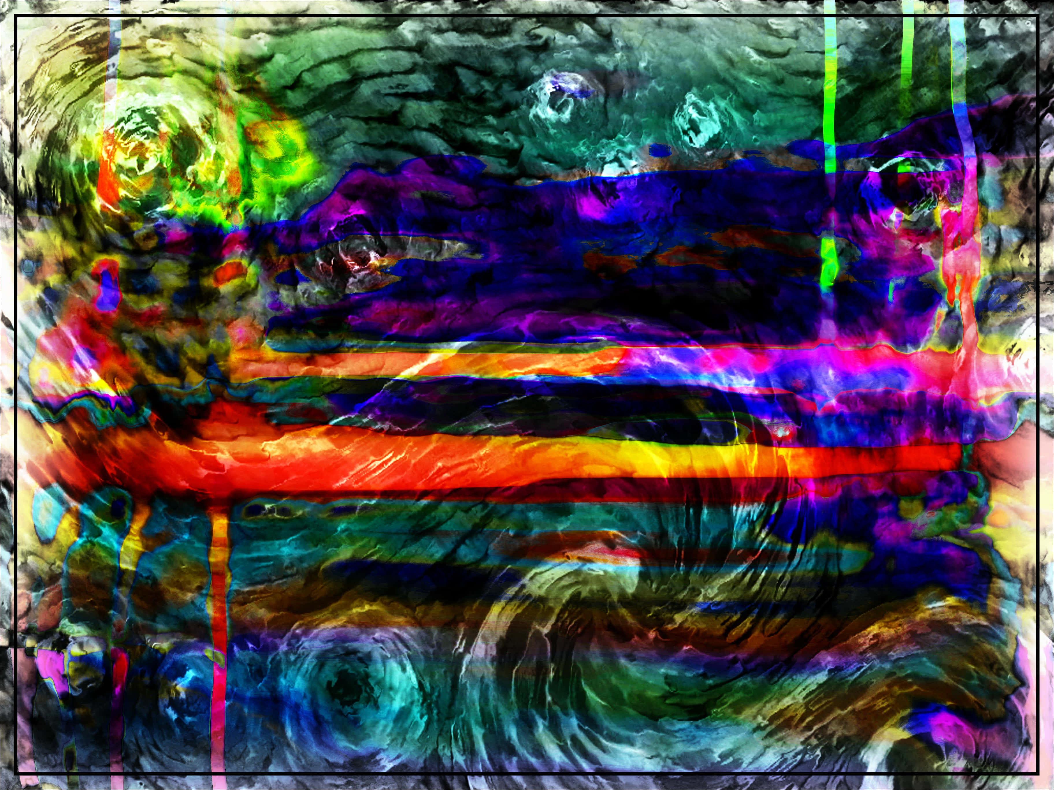 Installation Art 桌布 壁紙 — 充滿活力的抽象數位藝術作品，帶有旋轉的彩色紋理和彩虹色調的醒目水平條紋。