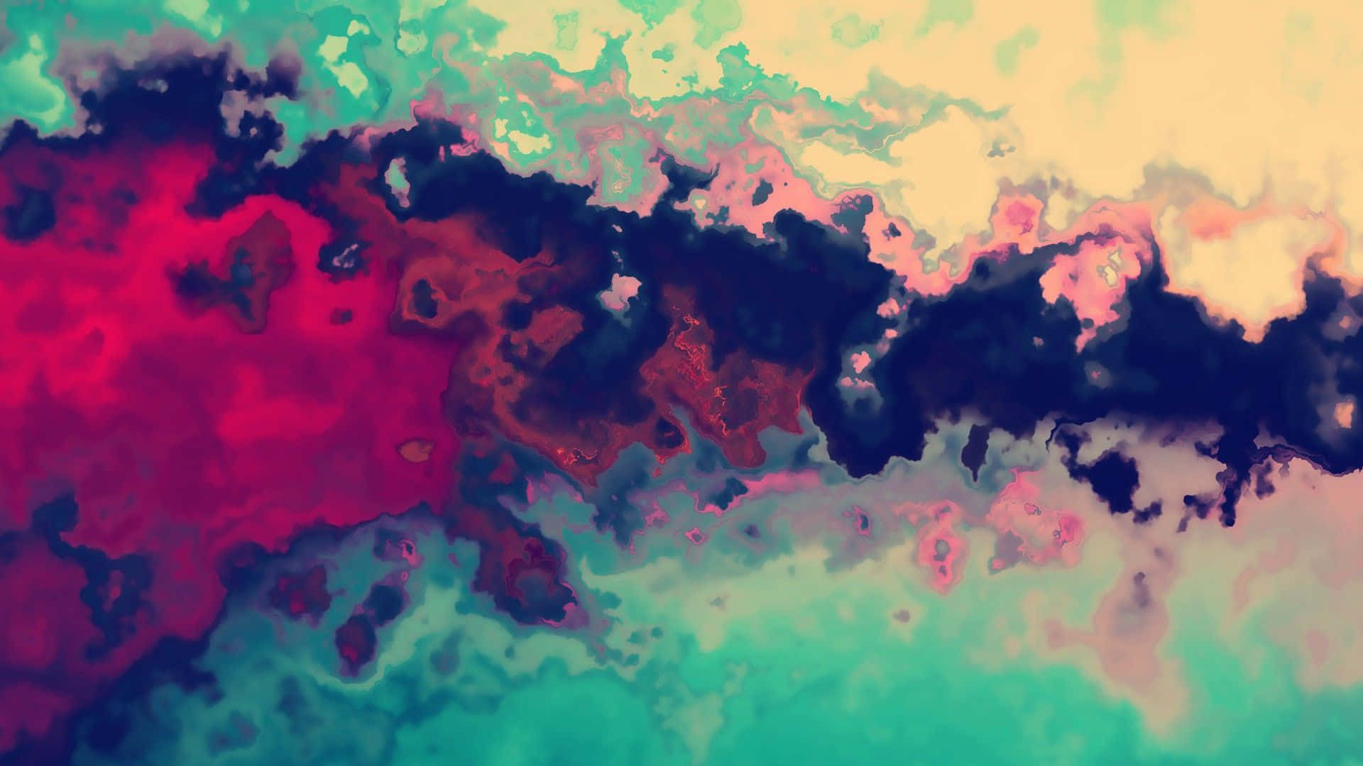 Aesthetic Tumblr Desktop 桌布 壁紙 — 充滿活力的抽象數位藝術作品，帶有旋轉的洋紅色、藍綠色和奶油色調，融入暗雲之中。
