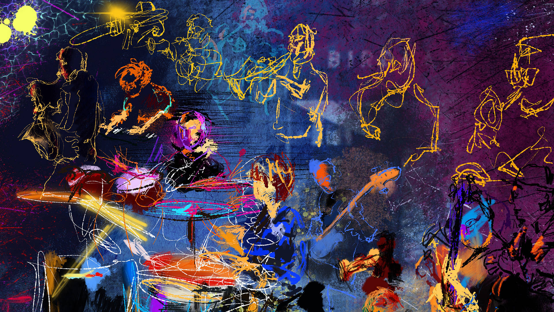 音樂 桌布 壁紙 — 充滿活力的抽象數位藝術作品，描繪音樂家在黑暗宇宙背景下演奏樂器，帶有發光的黃色輪廓。