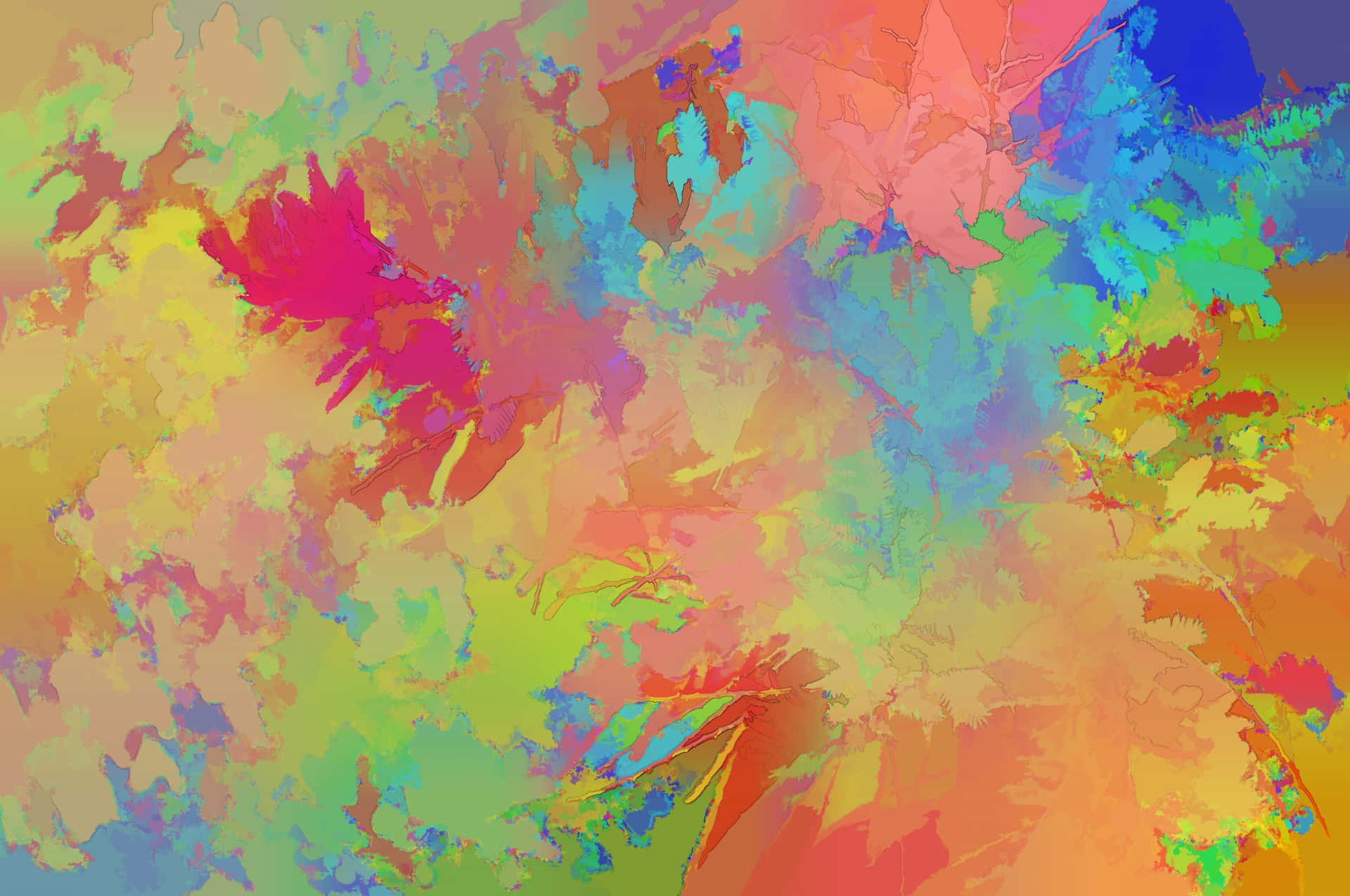 Colorful Abstract 桌布 壁紙 — 充滿活力的抽象數位藝術品，在流暢的動作中迸發出螢光粉紅、藍綠色、橙色和黃色的飛濺。