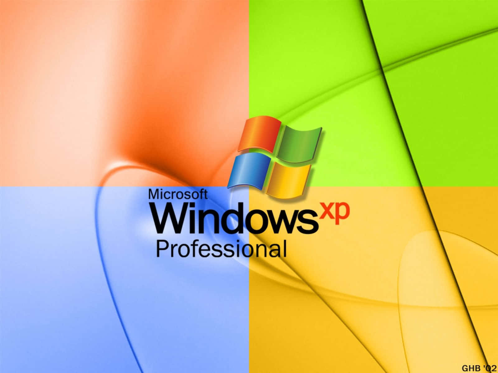 Windows XP 桌布 壁紙 — 充滿活力的抽象桌布，帶有流動的橙色、綠色、藍色和黃色漸層，並配有Windows XP Professional標誌。