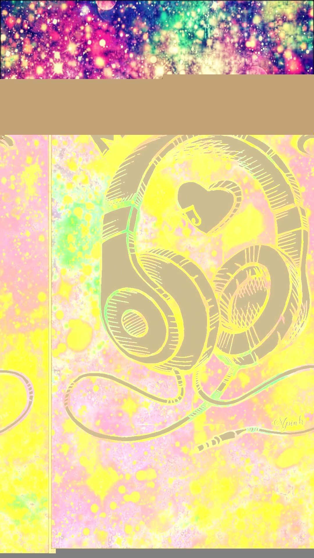 Cute Music 桌布 壁紙 — 充滿活力的抽象桌布，帶有發光的耳機和霓虹粉、黃、綠色的宇宙閃光。