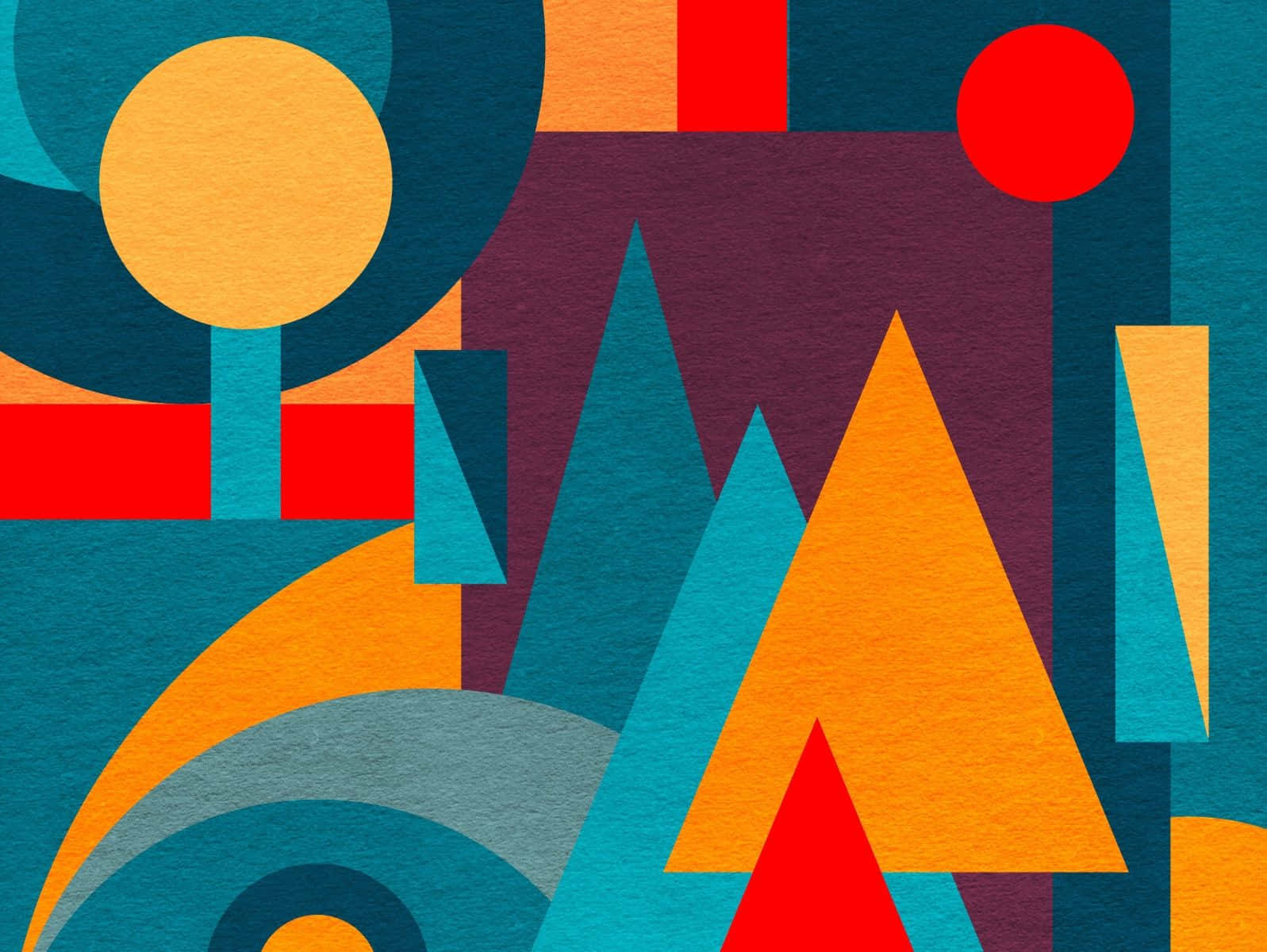 Geometric Pattern 桌布 壁紙 — 充滿活力的抽象構圖，以青綠色、橙色和紅色的大膽幾何形狀呈現在紋理紙上。
