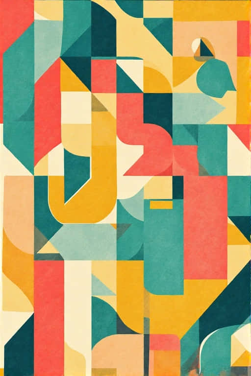 Geometric Pattern in Mustard Yellow, Teal, and Coral 壁紙 — 充滿活力的抽象構圖，以青綠色、紅色、黃色和奶油色的大膽幾何形狀形成風格化的形態。