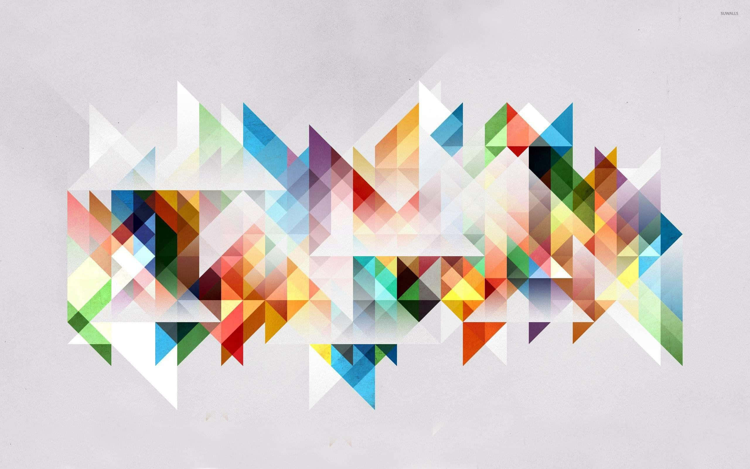 Multicolor 桌布 壁紙 — 充滿活力的抽象構圖，重疊的彩色三角形在柔和的灰色背景上形成動態幾何圖案。