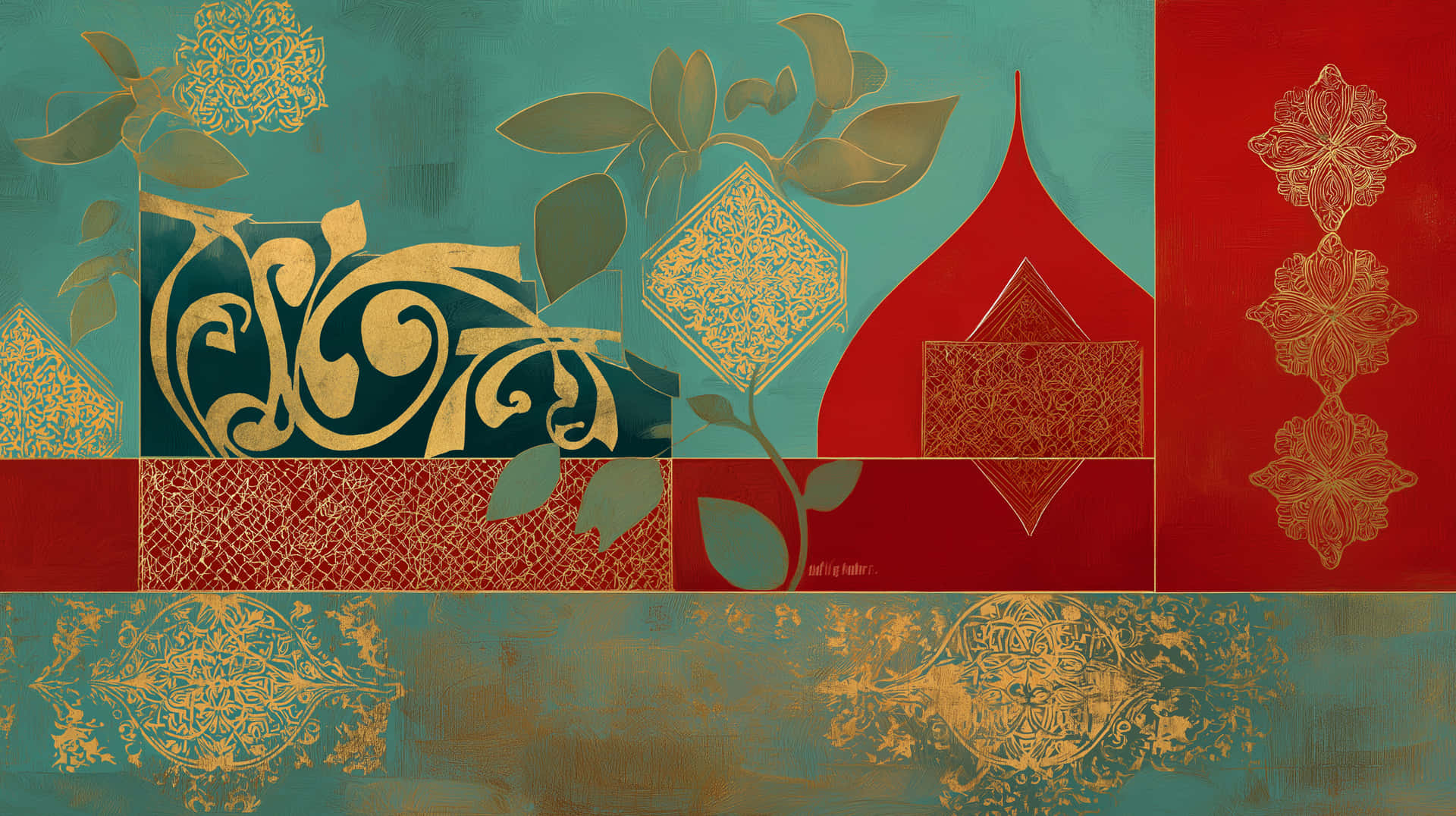 Vibrant Mughal-Inspired Abstract Art with Intricate Gold Patterns 壁紙 — 充滿活力的抽象構圖，金色精細圖案和風格化葉片，襯以青綠色和紅色幾何背景。