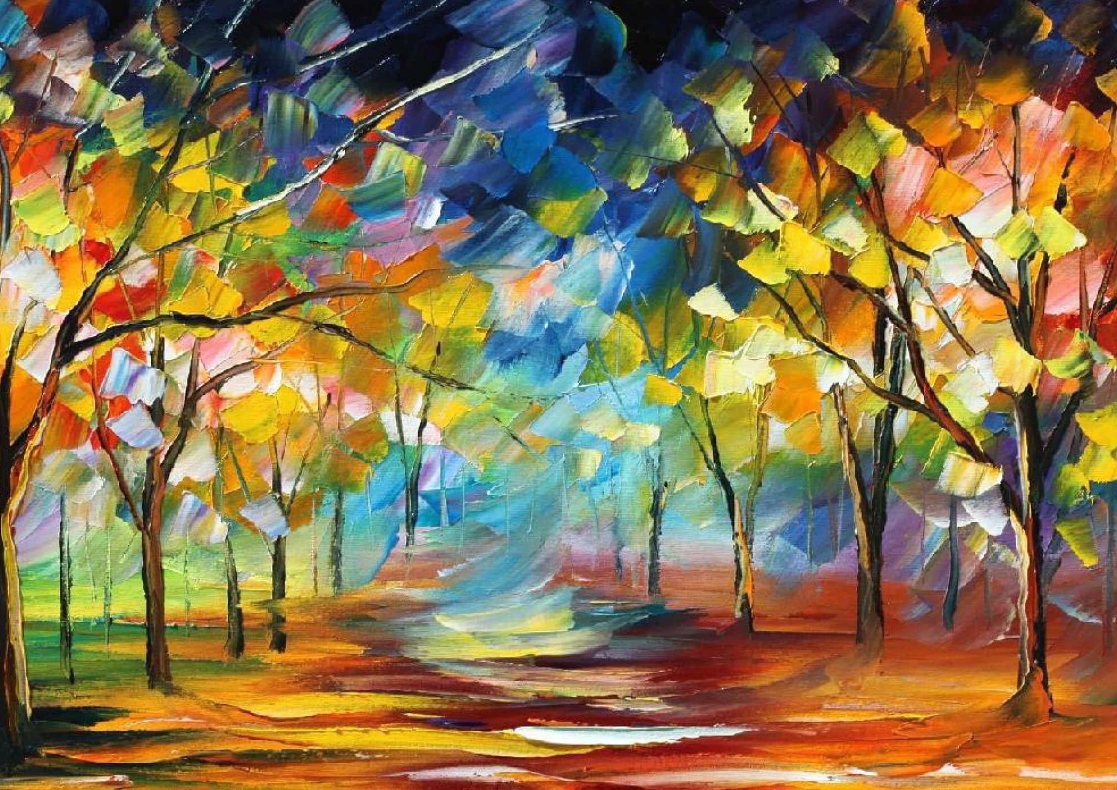Visual Art 桌布 壁紙 — 充滿活力的抽象樹木，以秋季色彩的粗獷筆觸，在旋轉的藍天下創造出一條夢幻的森林小徑。