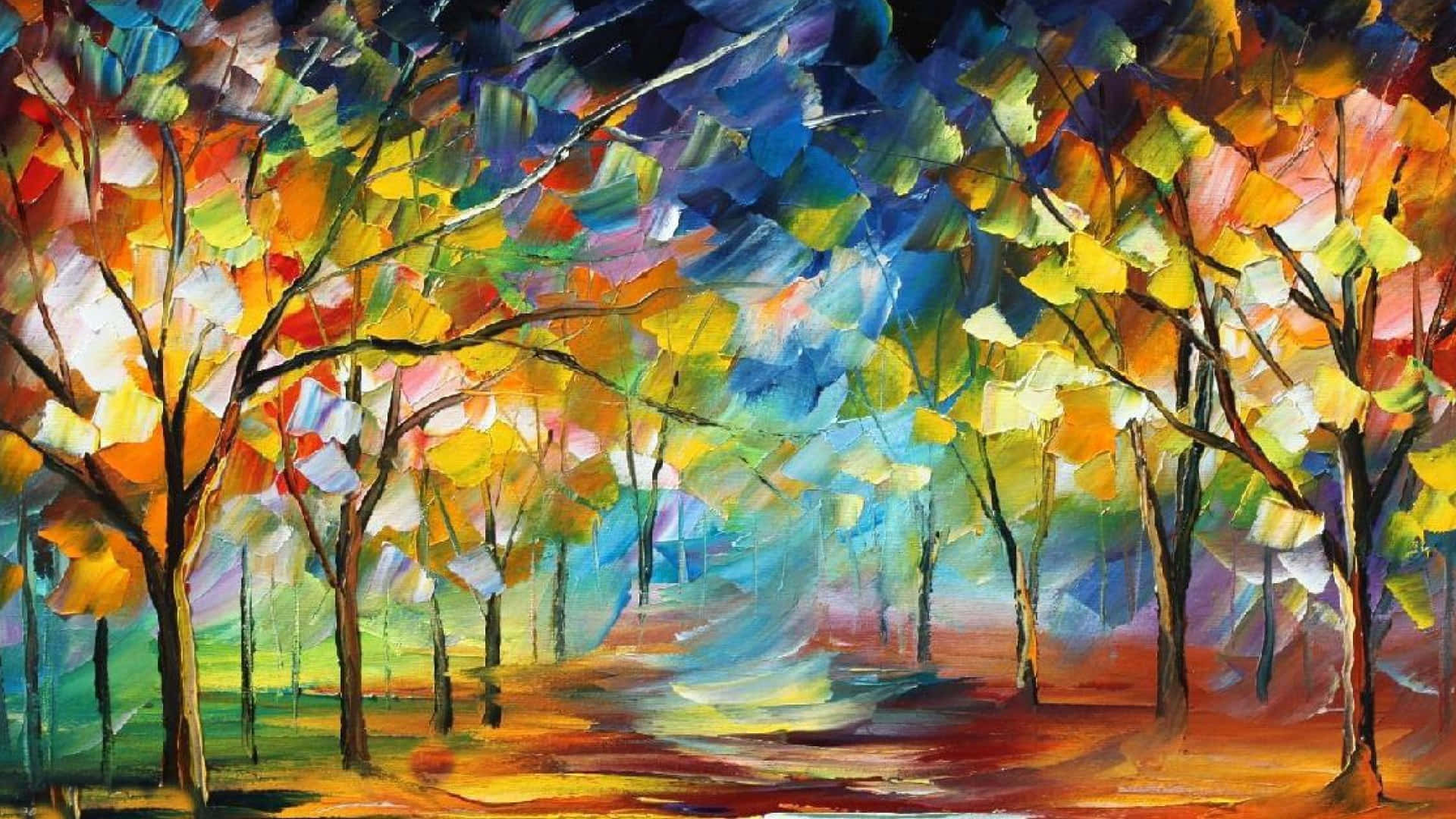 Painting 桌布 壁紙 — 充滿活力的抽象樹木，以秋季色彩的粗獷筆觸，在旋轉的藍天下創造出動態的森林場景。