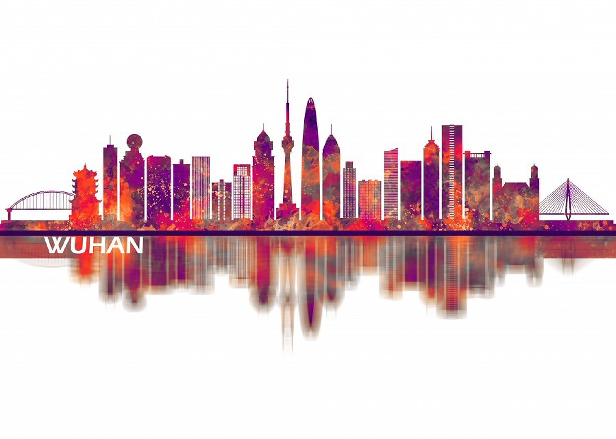 Wuhan 桌布 壁紙 — 充滿活力的抽象武漢天際線，帶有火熱的橙色、紫色和紅色建築物，倒映在水面上，背景為白色。