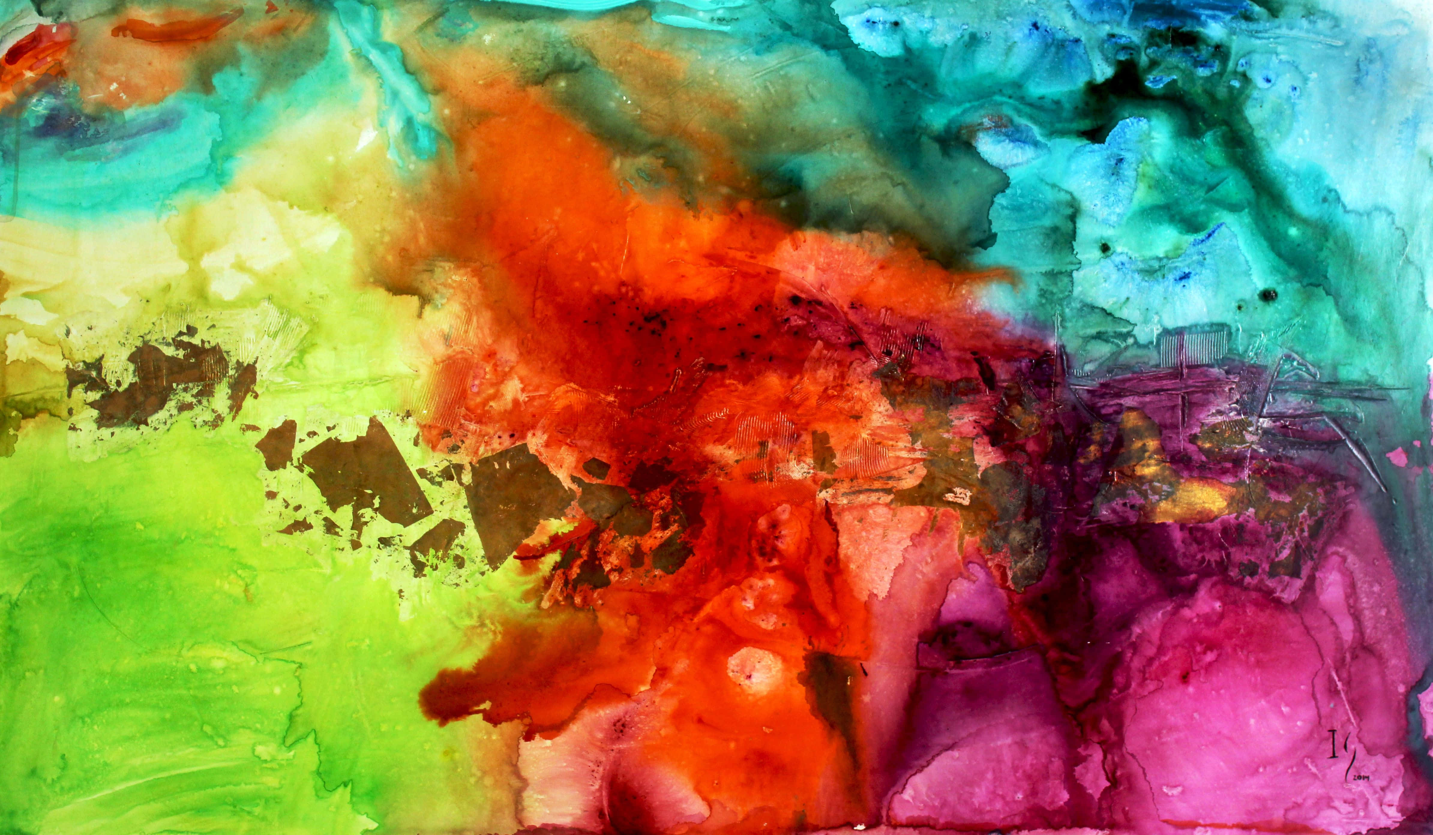 Abstract Expressionism 桌布 壁紙 — 充滿活力的抽象水彩漩渦將火紅、綠色和青色混合在一起，形成動態的紋理爆炸。