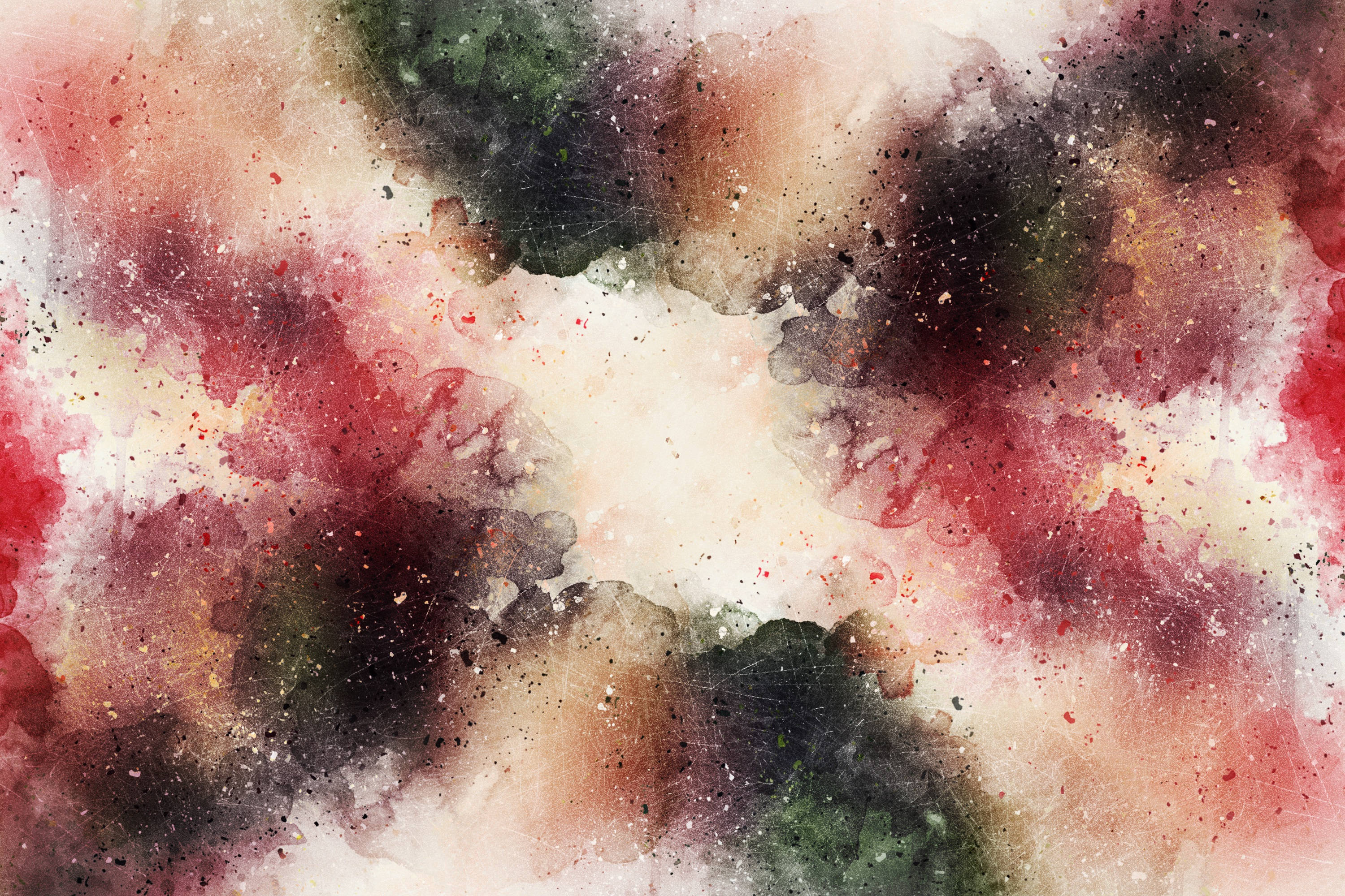 Watercolor 桌布 壁紙 — 充滿活力的抽象水彩潑濺，以紅色、綠色和米色呈現，帶有斑點紋理，營造出動感的藝術背景。