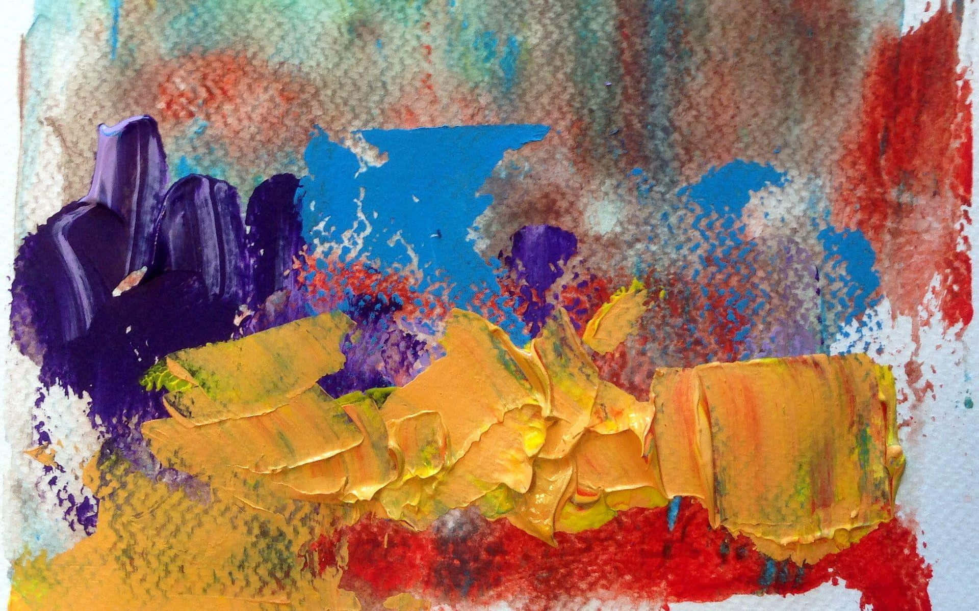 Painting 桌布 壁紙 — 充滿活力的抽象水彩畫，帶有厚實紋理的黃赭色形狀，襯以大膽的紫、藍和紅色洗滌。