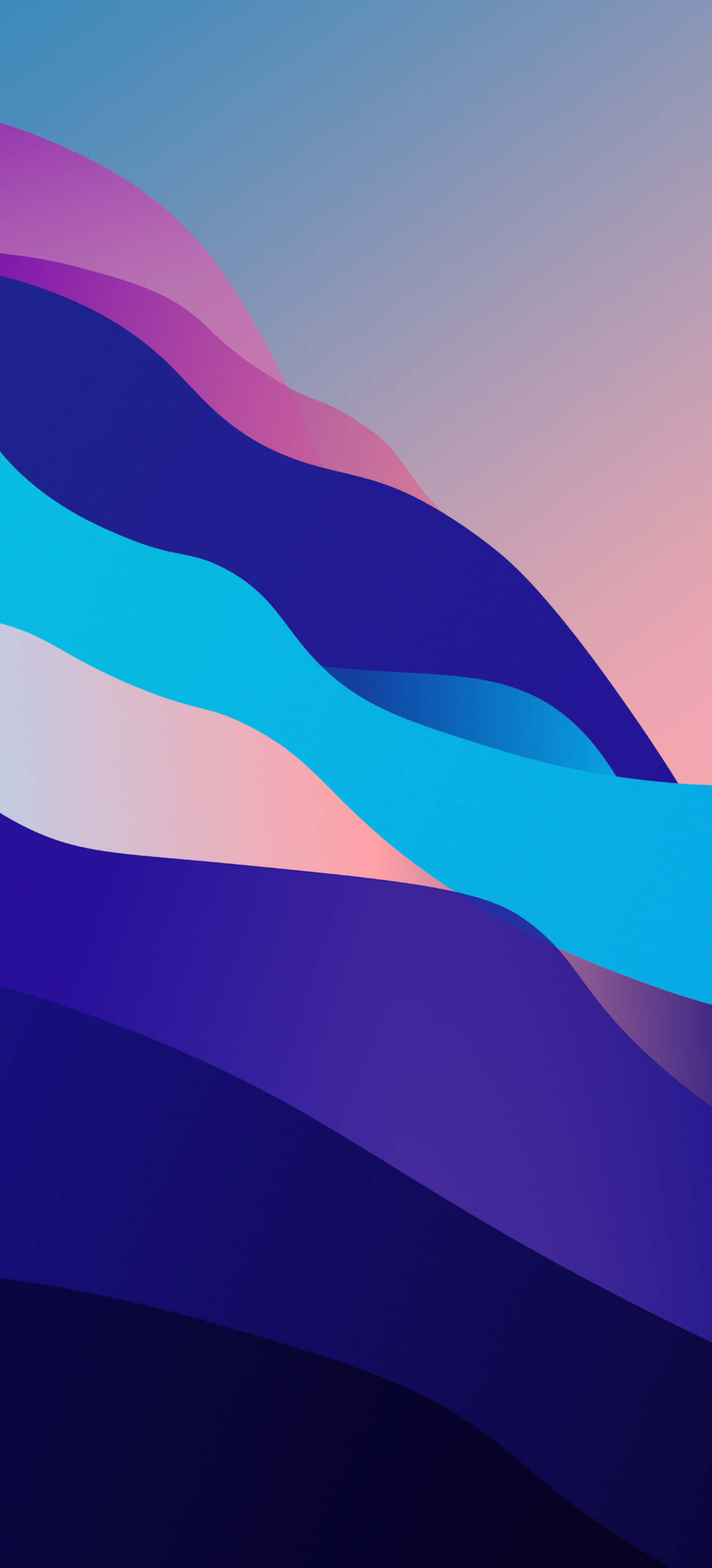 Cool Design iPhone 桌布 壁紙 — 充滿活力的抽象波浪，以紫色、藍色和粉紅色在漸變天空中流動。