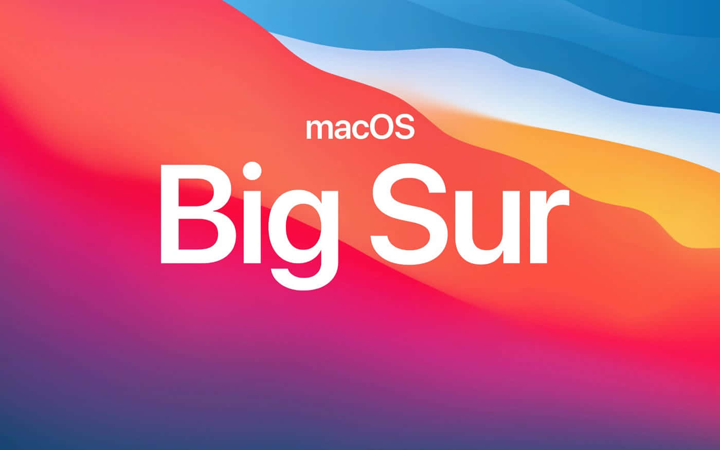 macOS Big Sur 動態桌布 桌布 壁紙 — 充滿活力的抽象波浪，粉紅、橙、黃、藍色在粗體白色 macOS Big Sur 文字後流動。