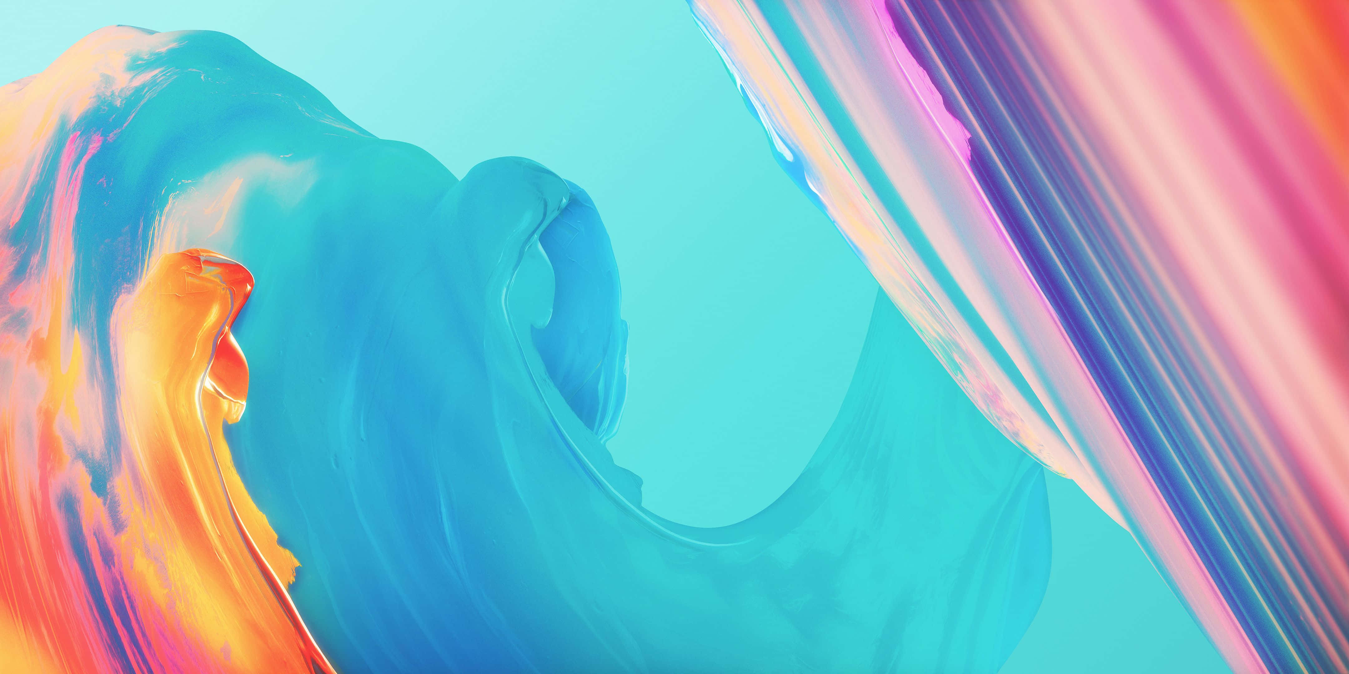 paint 桌布 壁紙 — 充滿活力的抽象波浪漩渦，以電光藍、粉紅和橙色在青色背景上呈現。