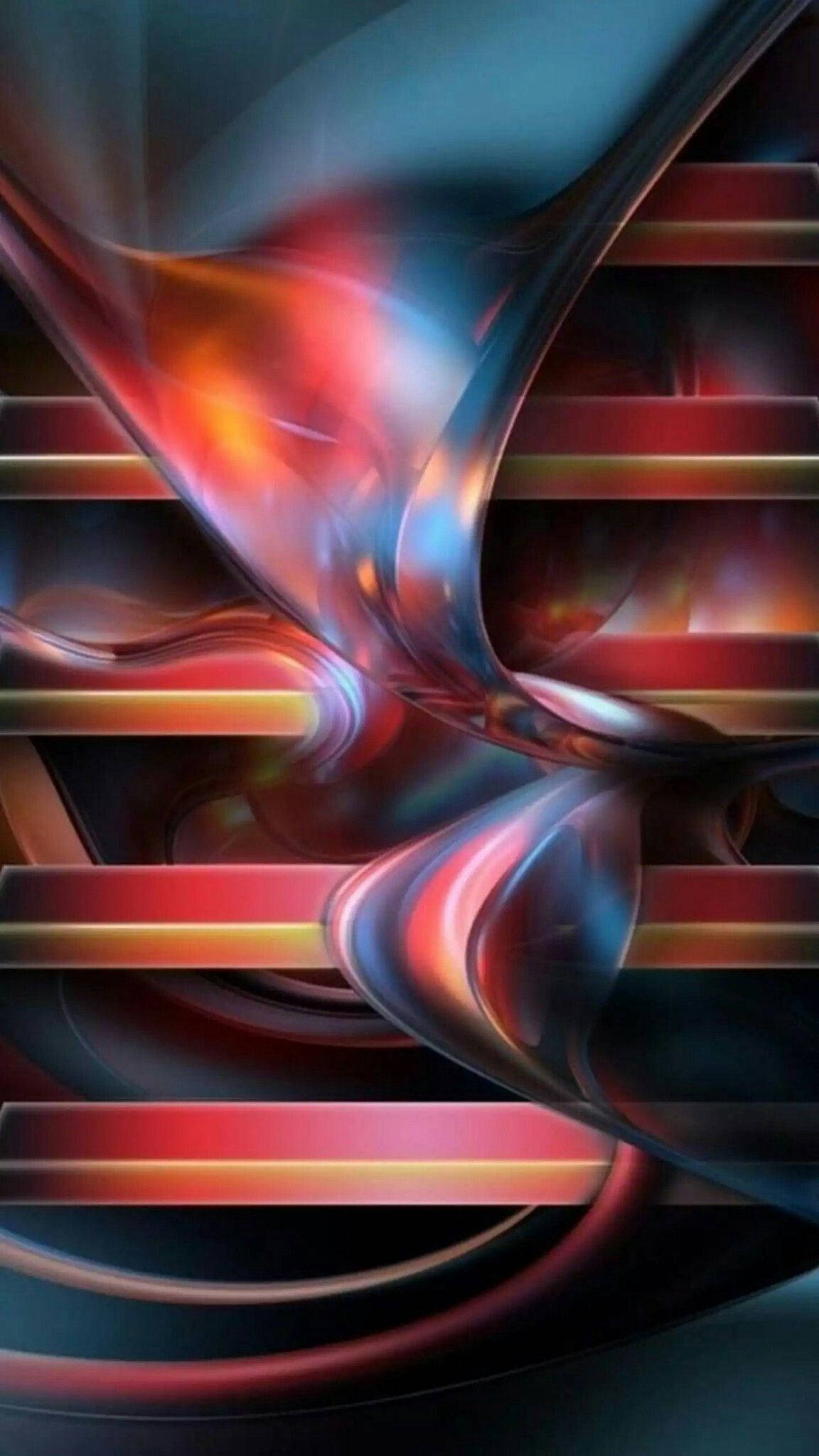 3D 桌布 壁紙 — 充滿活力的抽象流體形態在紅色、橙色和藍色的發光水平帶上動態旋轉。
