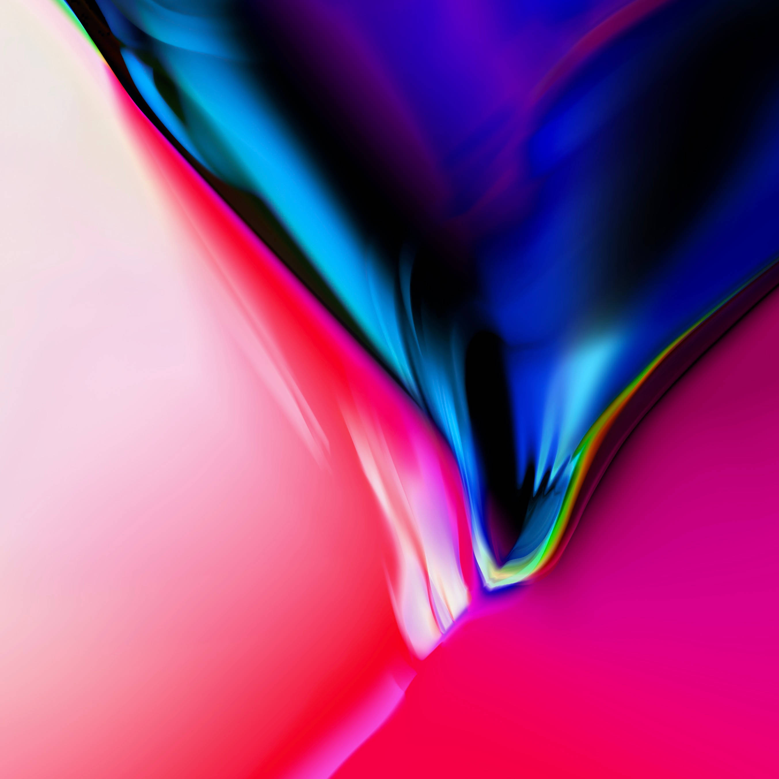 iOS 11 桌布 壁紙 — 充滿活力的抽象流體形態在電光粉紅、藍色和黑色中旋轉，創造出動態的數位藝術構圖。
