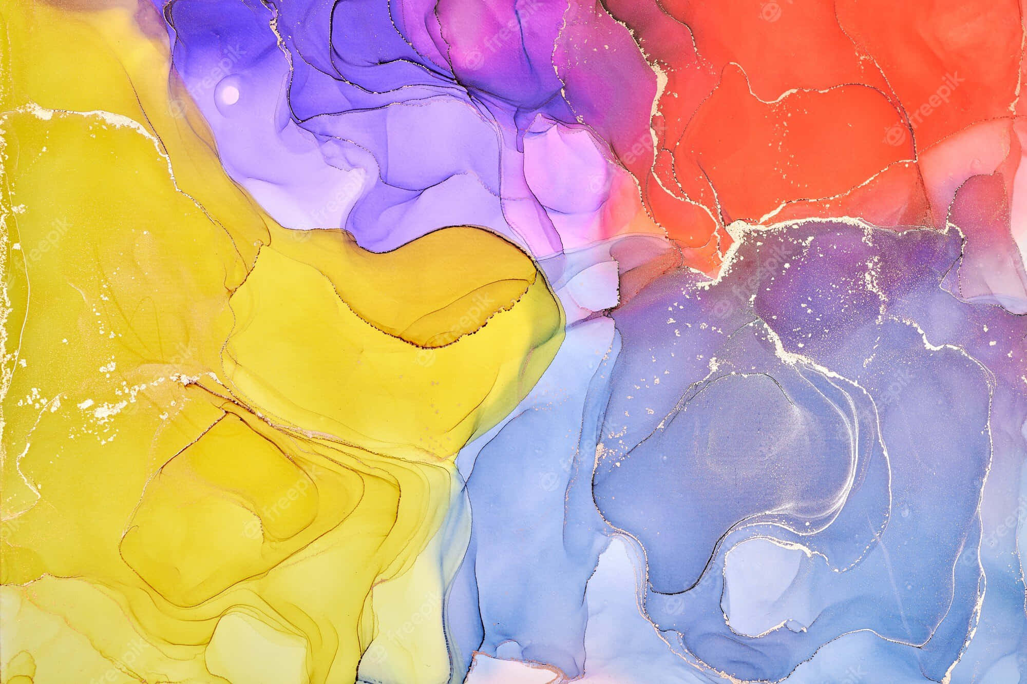 paint 桌布 壁紙 — 充滿活力的抽象流體藝術，帶有旋轉的黃色、紫色和橙色色調，並以閃爍的金色勾勒。