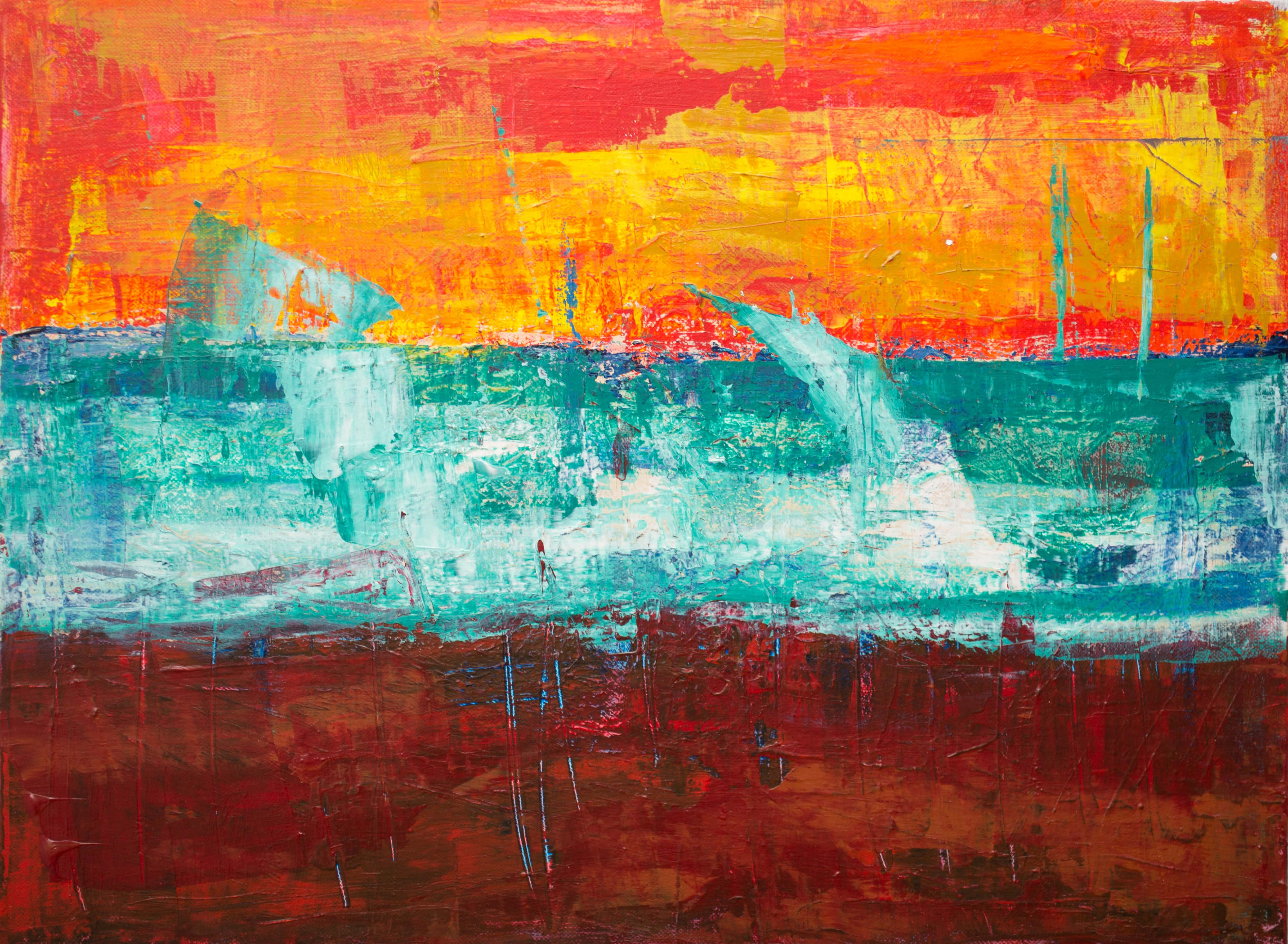 Painting Desktop 桌布 壁紙 — 充滿活力的抽象海景，以火熱的橙色天空、藍綠色波浪和深紅色前景，用大膽而富有表現力的筆觸繪製而成。