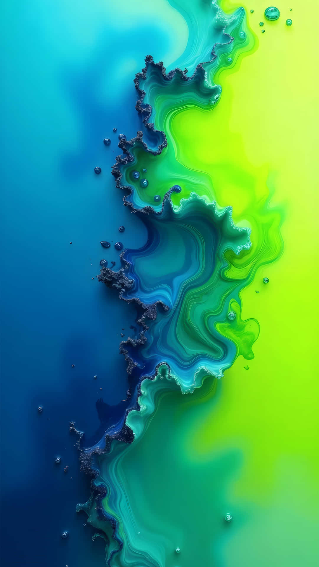 Vibrant Abstract Swirls Wallpaper 壁紙 — 充滿活力的抽象液體漩渦從深藍色過渡到霓虹綠色，沿著鋸齒狀的有機邊界帶有光澤的水滴。
