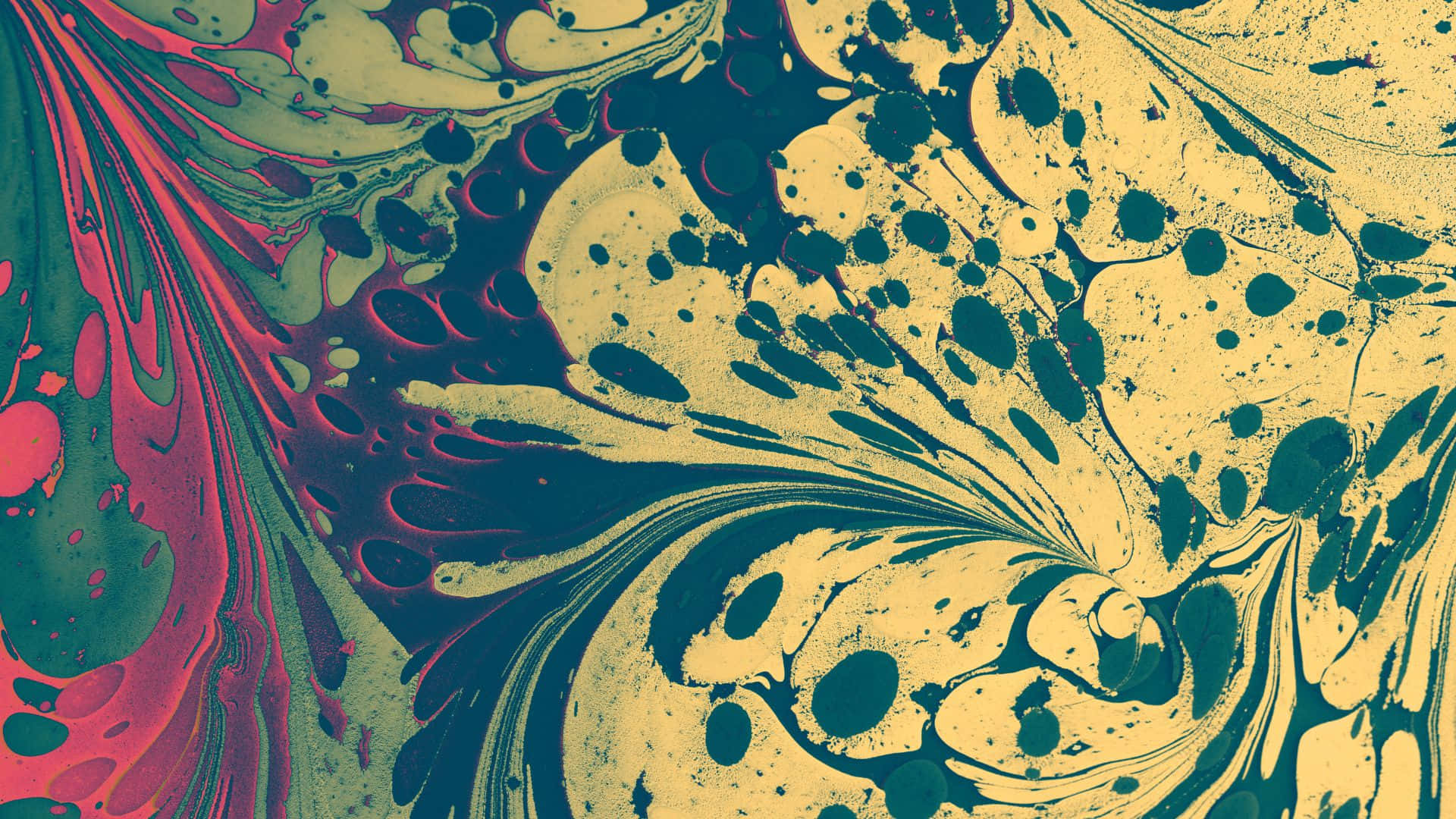 1920x1080 Marble 桌布 壁紙 — 充滿活力的抽象漩渦，以青綠色、粉紅色和芥末黃色顏料在畫布上動態混合和飛濺。
