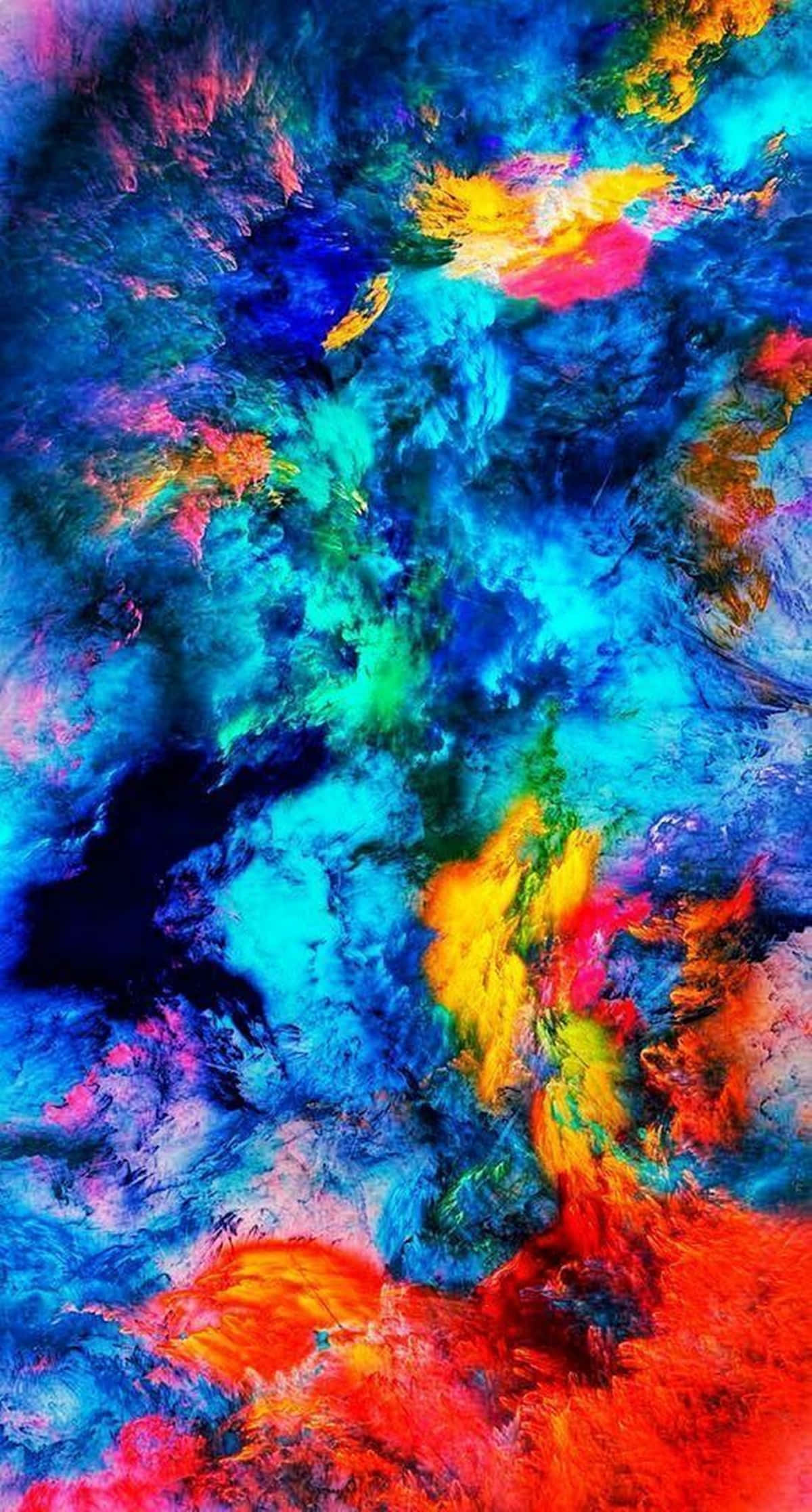 Colorful Smoke 桌布 壁紙 — 充滿活力的抽象漩渦，電光藍、粉紅、黃色和橙色顏料在紋理畫布上爆炸，形成動態的色彩爆炸。