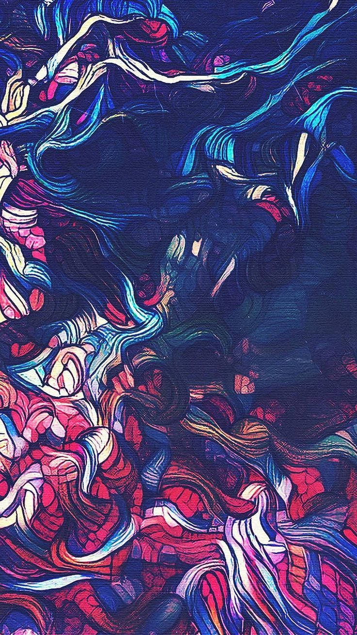 藝術 桌布 壁紙 — 充滿活力的抽象漩渦，電光藍和火紅的顏料在紋理畫布上動態流動。