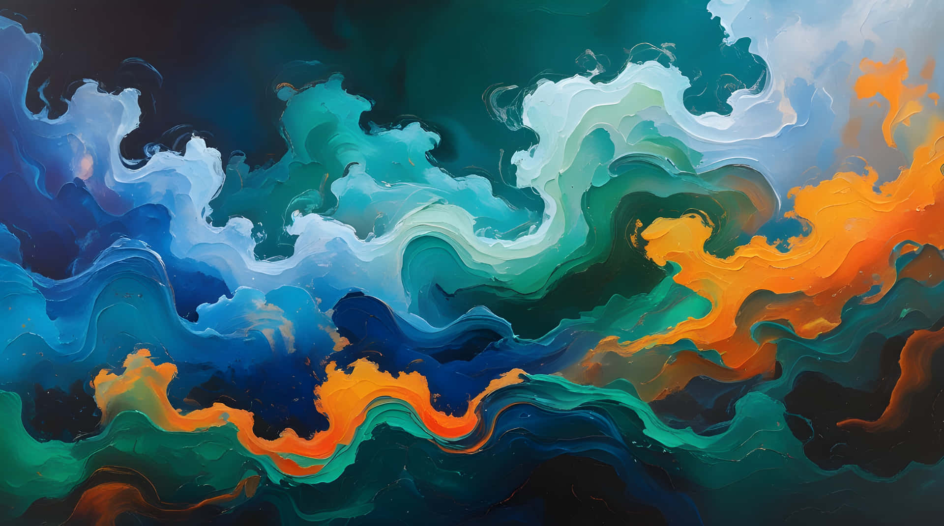 The colourful abstract 壁紙 — 充滿活力的抽象漩渦，青綠色、橙色和深藍色顏料像液體能量般在畫布上動態流動。