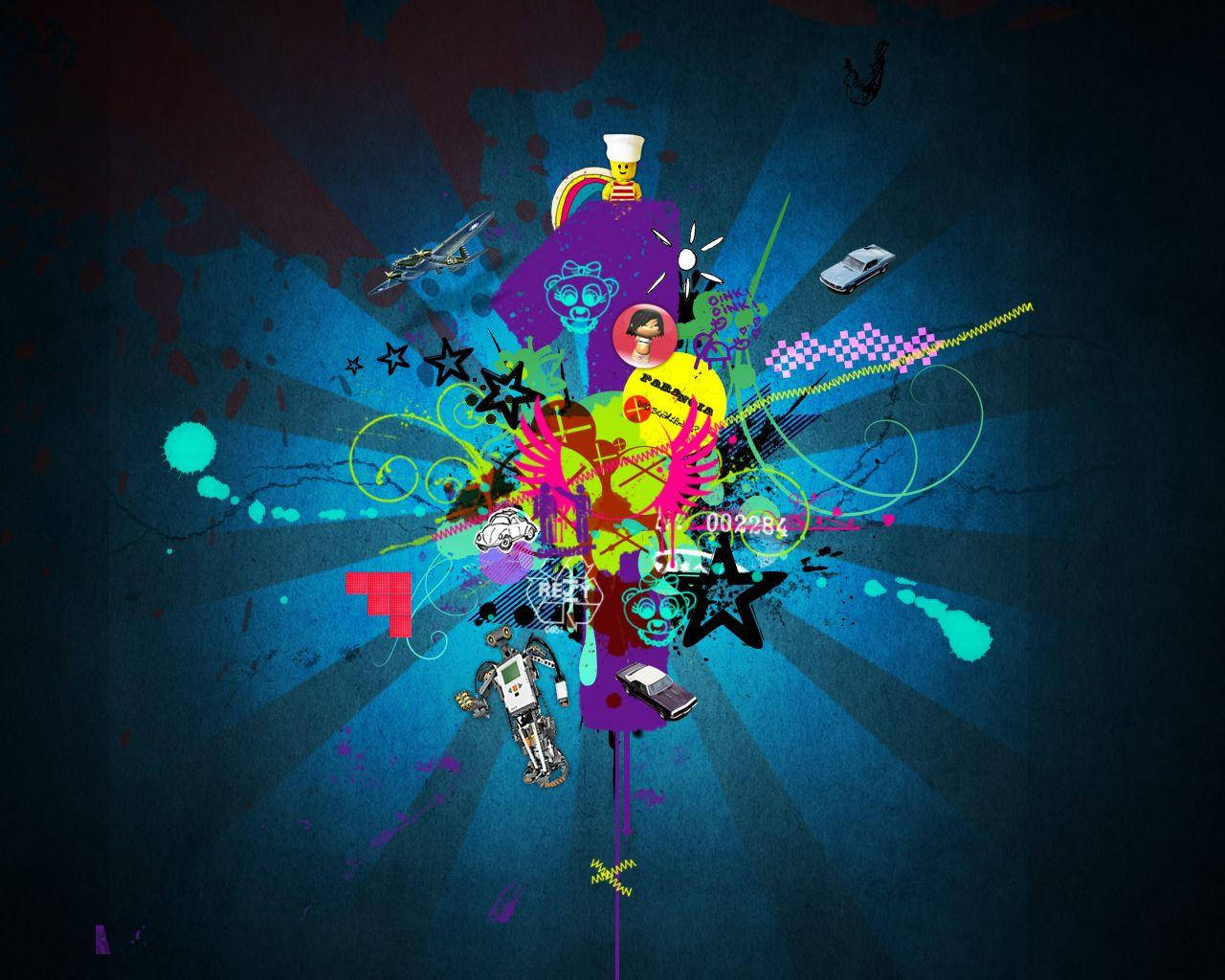 graphic art 桌布 壁紙 — 充滿活力的抽象爆炸，色彩繽紛的塗鴉元素、汽車和卡通人物從中央爆發，在深藍色背景上放射出來。