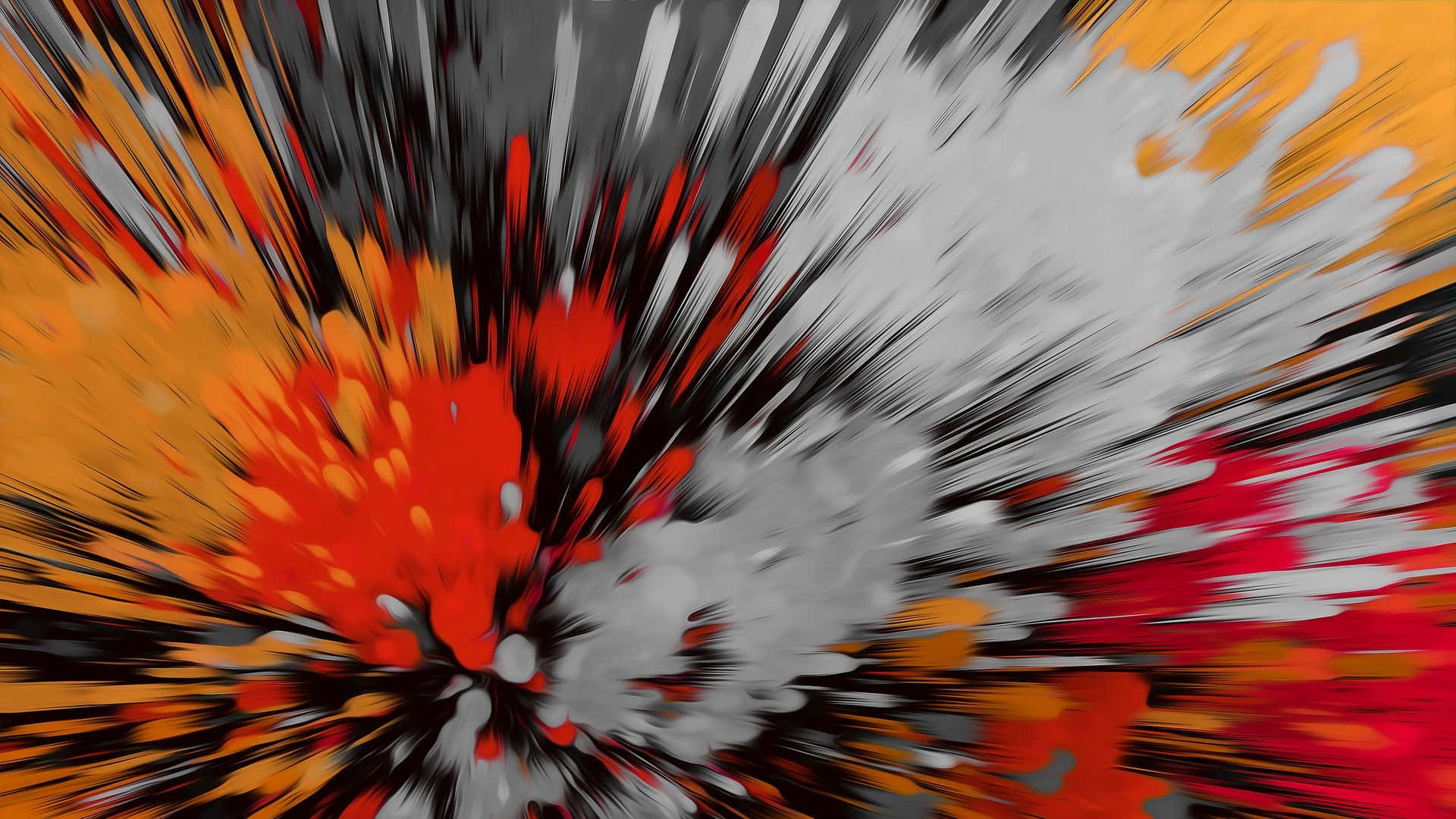 Motion Blur 桌布 壁紙 — 充滿活力的抽象爆炸向外輻射，帶有火熱的橙紅色和醒目的白色，背景為深灰色。