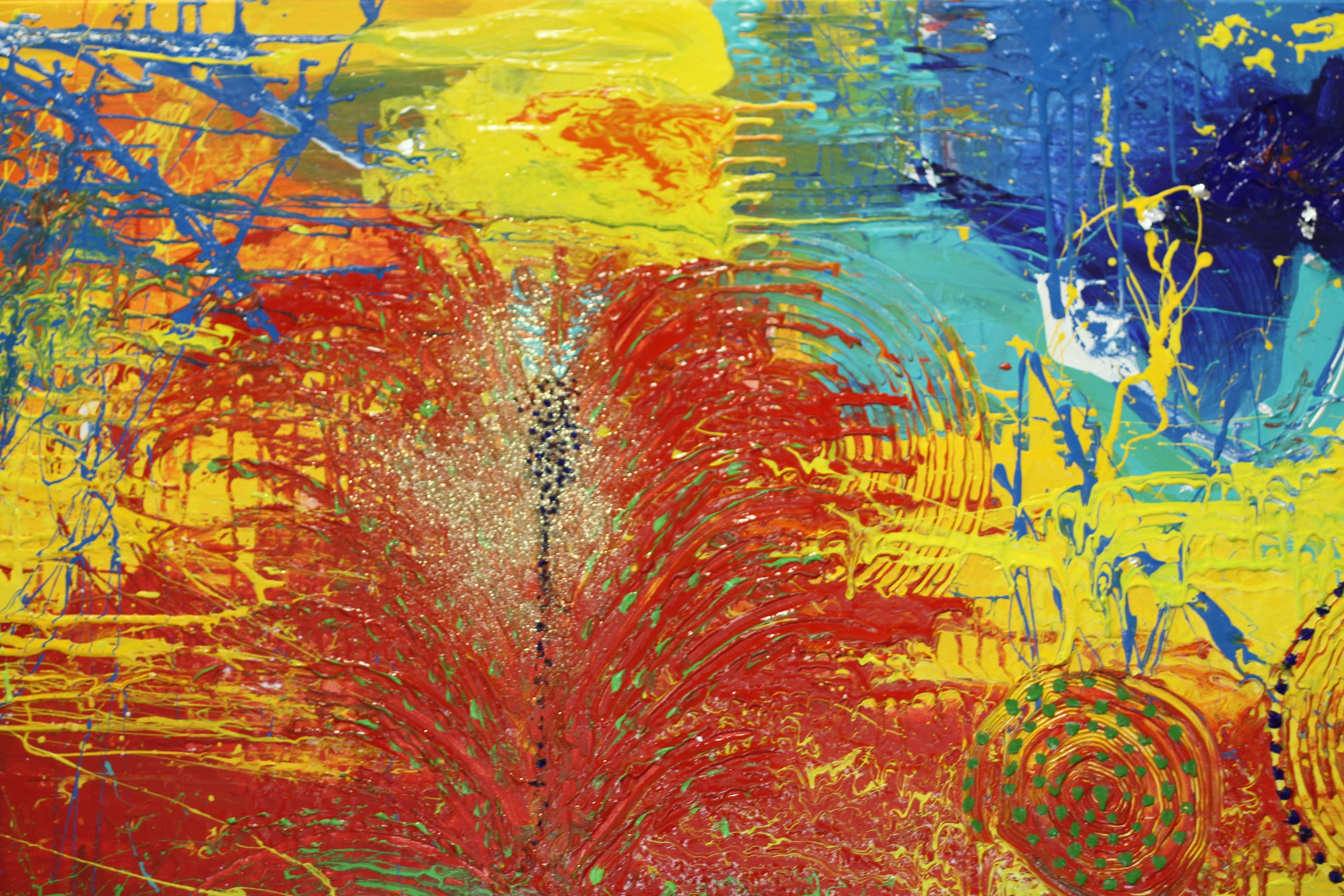 Abstract Expressionism 桌布 壁紙 — 充滿活力的抽象畫，以大膽的紅、黃、藍色筆觸和紋理筆法創造動態能量。