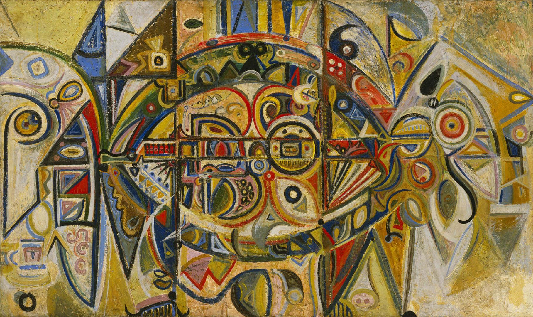 Expressionist 桌布 壁紙 — 充滿活力的抽象畫，以幾何形狀和大膽色彩形成風格化的面孔和圖案。