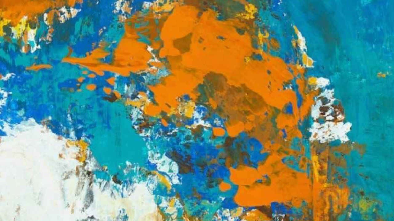 Contemporary Art 桌布 壁紙 — 充滿活力的抽象畫，以橙色、藍綠色和白色的粗獷筆觸營造出動態的紋理構圖。