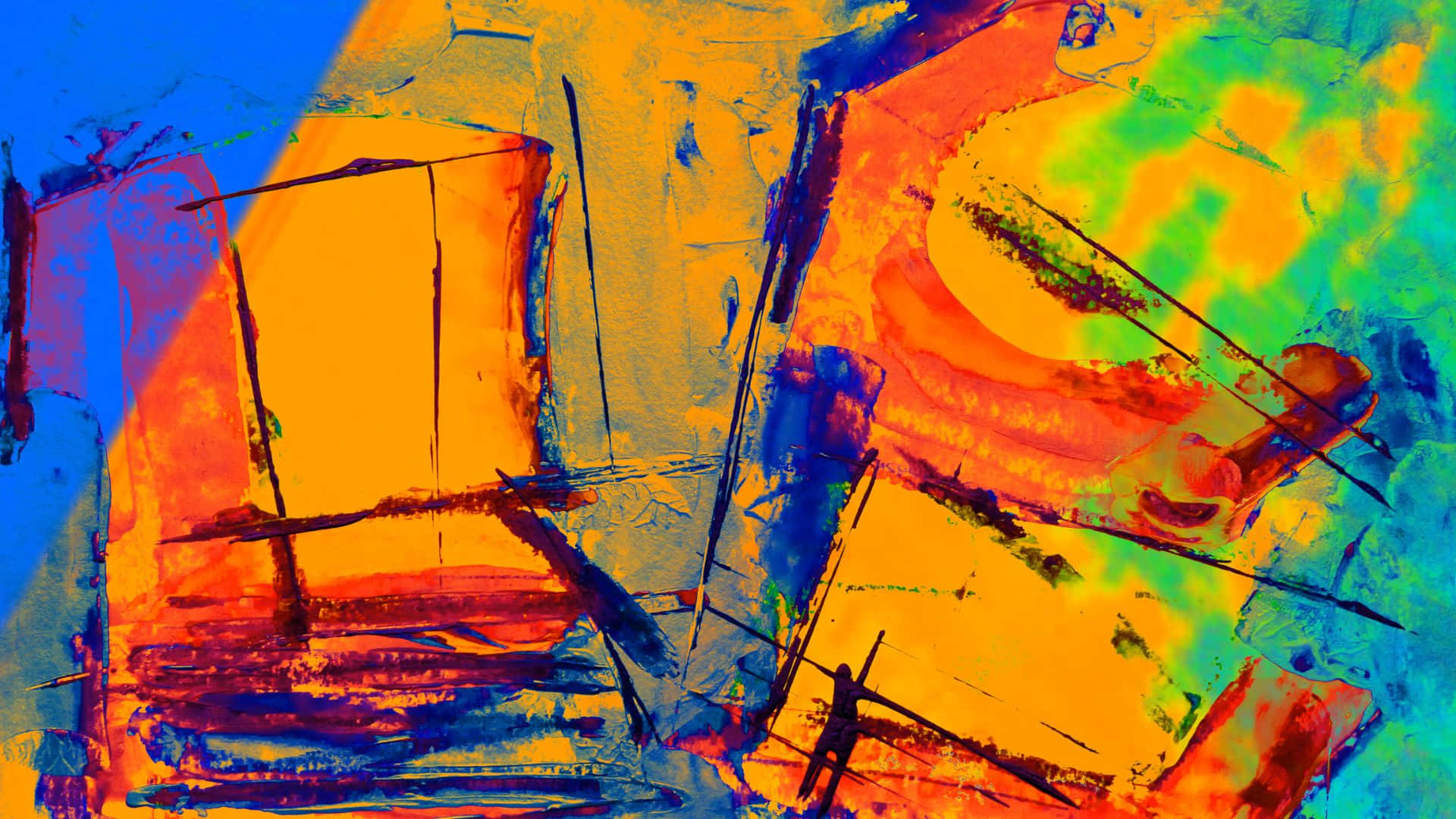 桌布 壁紙 — 充滿活力的抽象畫，以橙色、藍色、綠色和黃色的大膽筆觸，創造出充滿能量的混亂形態。