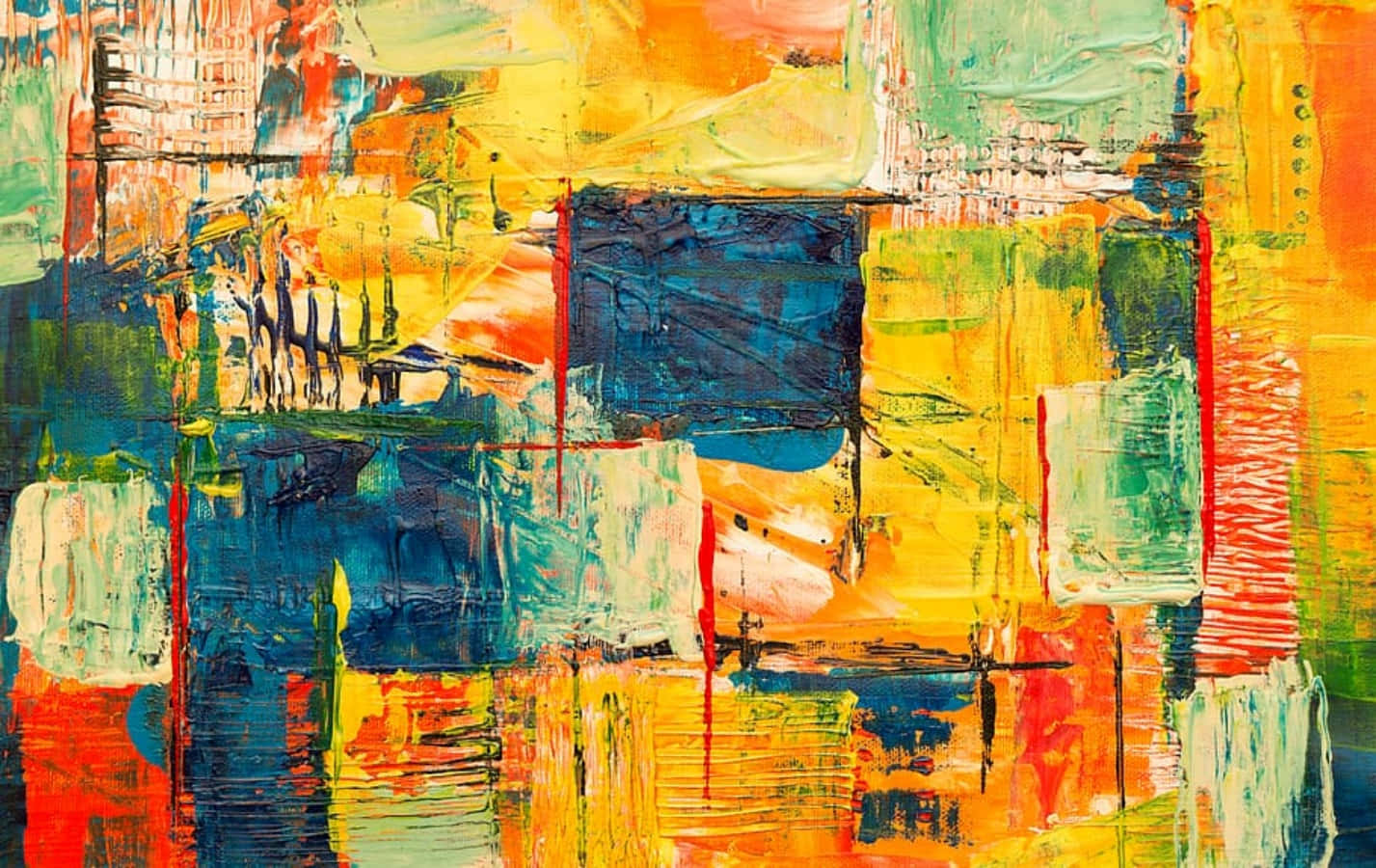 Painting 桌布 壁紙 — 充滿活力的抽象畫，以橙色、黃色、藍色和綠色的粗獷筆觸構成動態構圖。