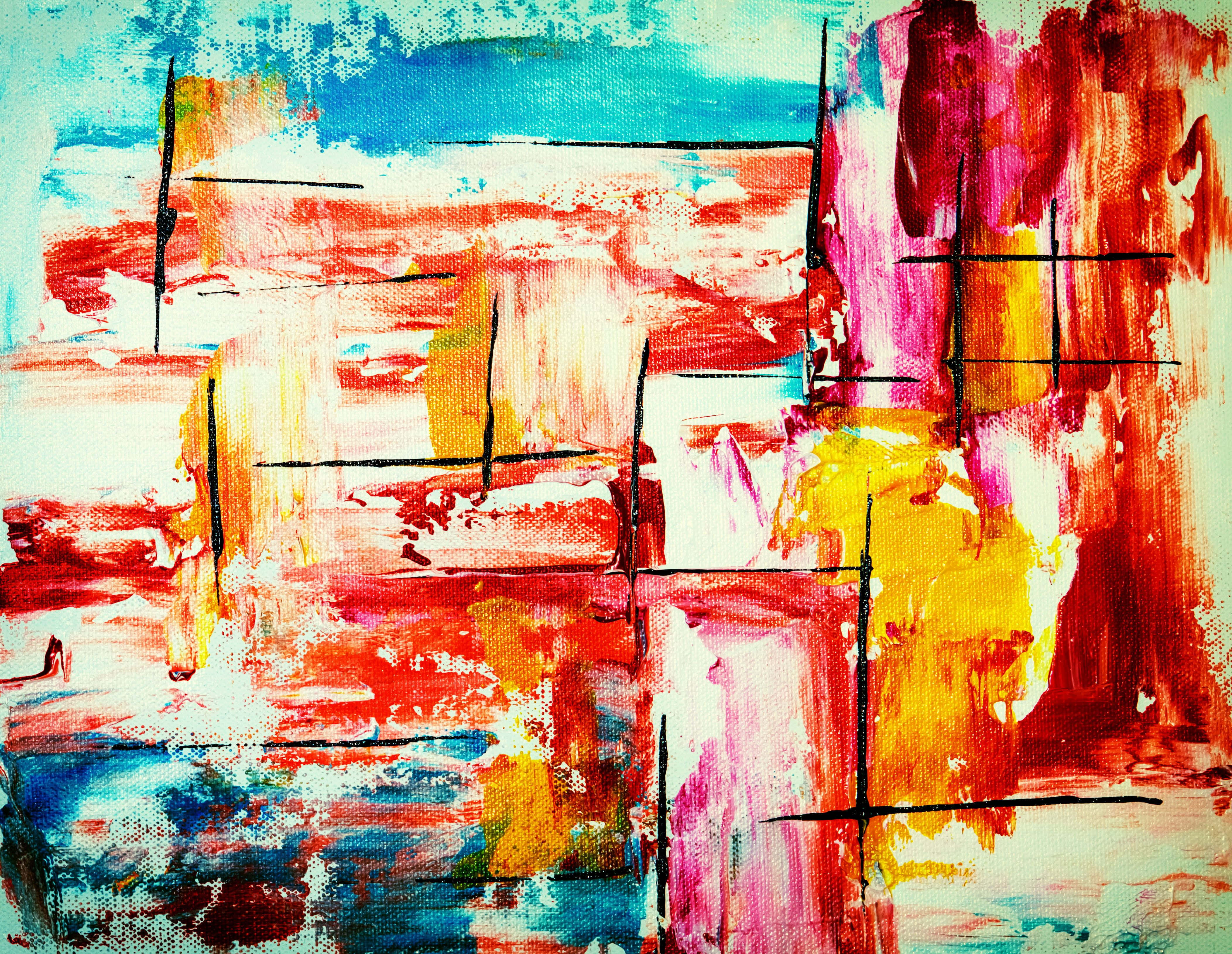 Expressionist 桌布 壁紙 — 充滿活力的抽象畫，以紅色、粉紅色、黃色和藍色的大膽筆觸，並以鮮明的黑色線條交錯。