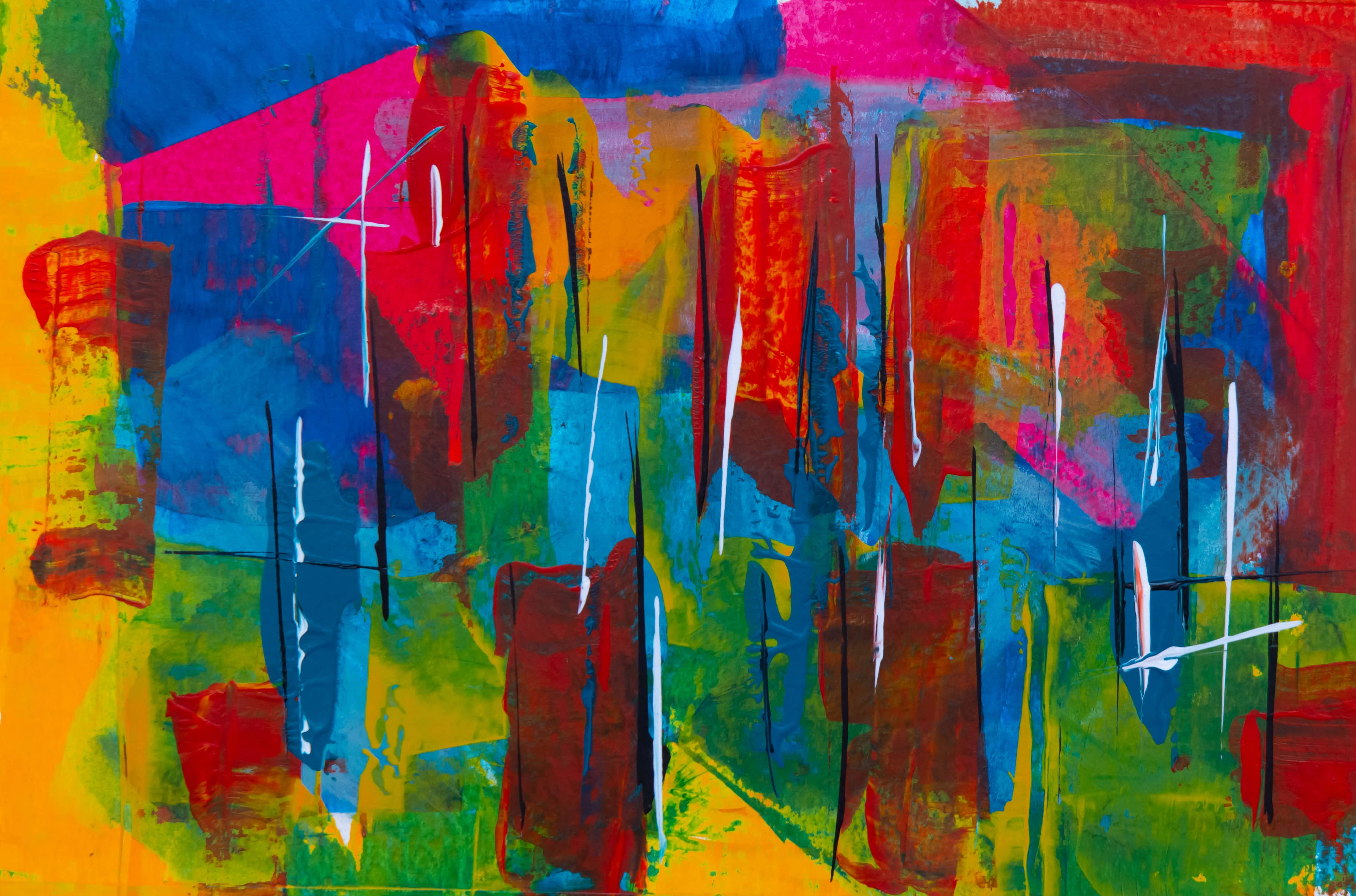 Contemporary Art 桌布 壁紙 — 充滿活力的抽象畫，以紅色、藍色、綠色和黃色的大膽筆觸，創造出充滿能量、混亂的視覺節奏。
