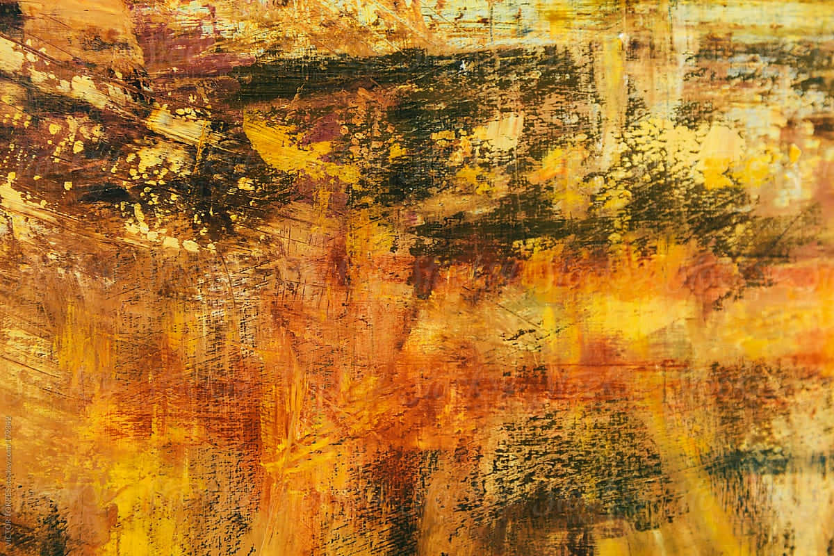 Oil Painting 桌布 壁紙 — 充滿活力的抽象畫，以金橙色和深棕色的粗獷筆觸，營造出紋理豐富、熾熱的構圖。