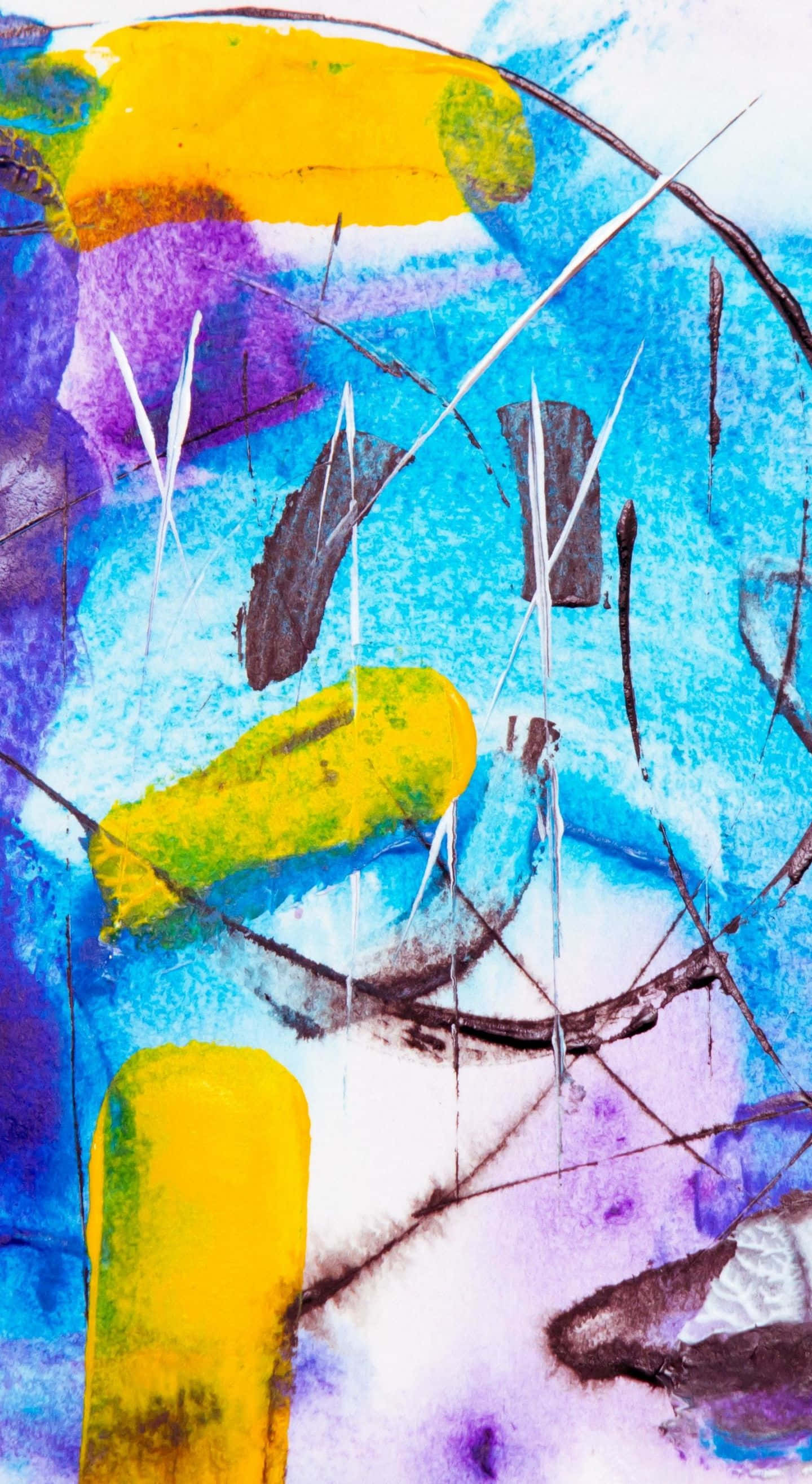 Abstract Expressionism 桌布 壁紙 — 充滿活力的抽象畫，以鮮明的藍色、紫色和黃色筆觸，疊加銳利的黑色線條和白色滴落。