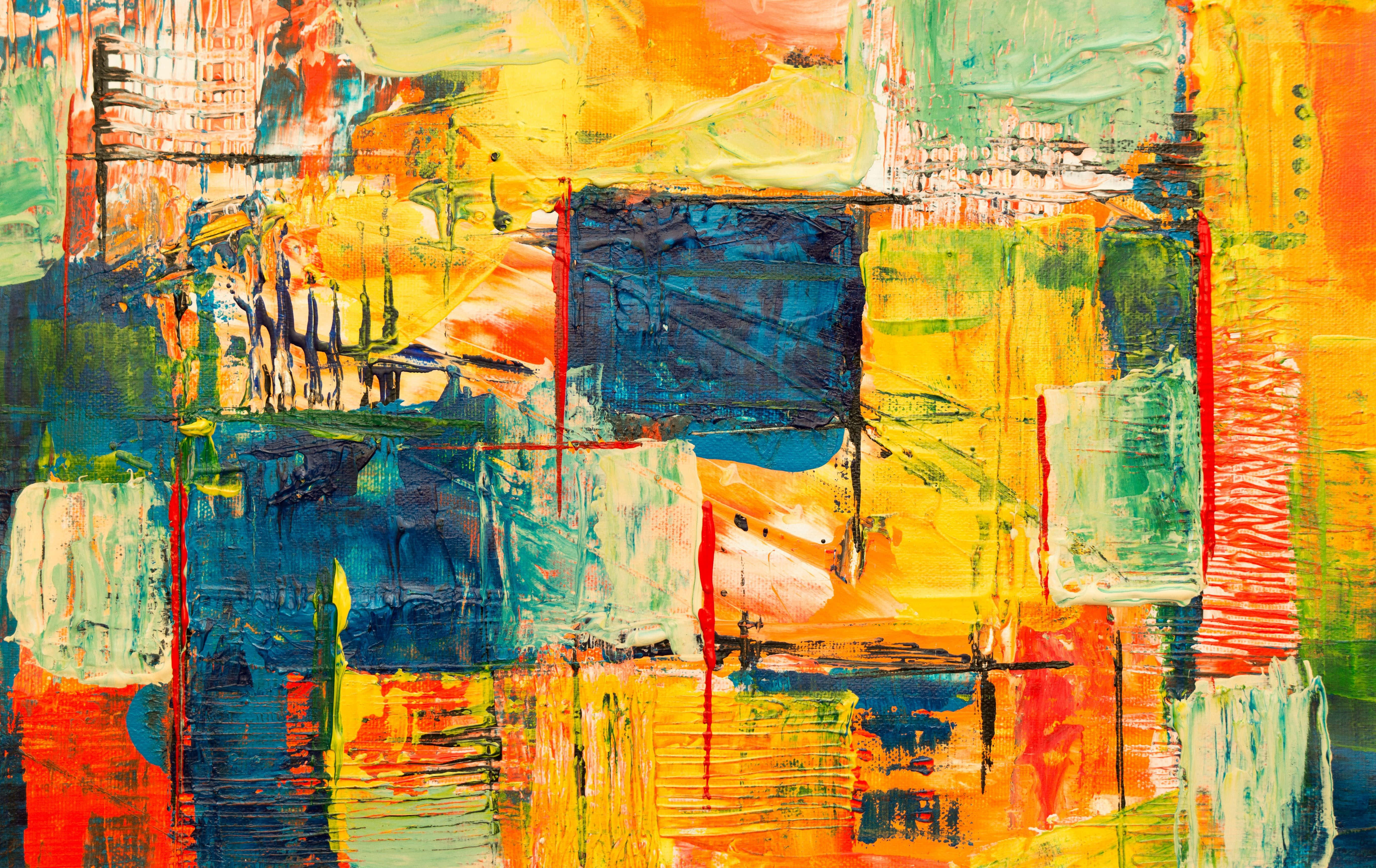 Abstract Expressionism 桌布 壁紙 — 充滿活力的抽象畫，以黃色、橙色、藍色和綠色的粗獷筆觸，營造出動感十足、充滿能量的構圖。