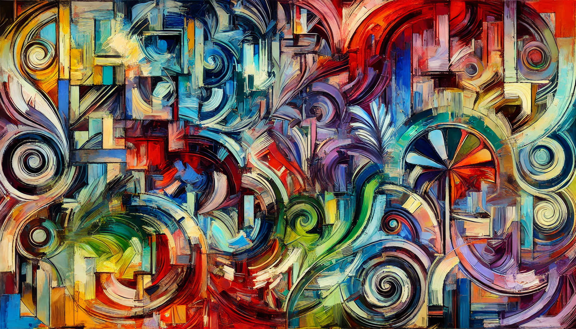Colorful Abstract image with circular shapes 壁紙 — 充滿活力的抽象畫，充滿旋轉的螺旋、幾何形狀和大膽的顏色，如紅色、藍色、綠色和金色。