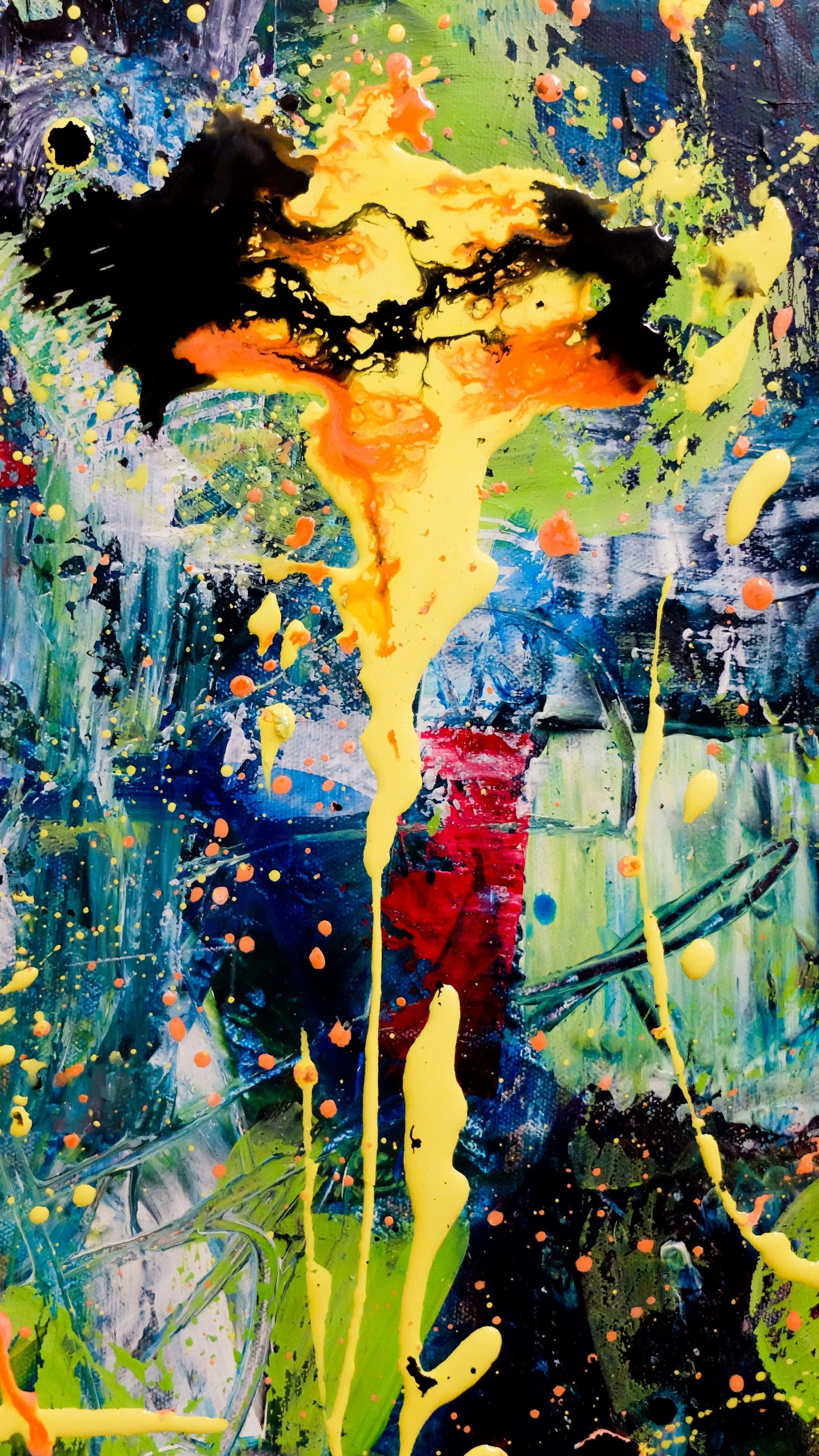 Abstract Expressionism 桌布 壁紙 — 充滿活力的抽象畫，在帶有紋理的藍綠色背景上，有醒目的黃色、橙色和黑色油漆飛濺。
