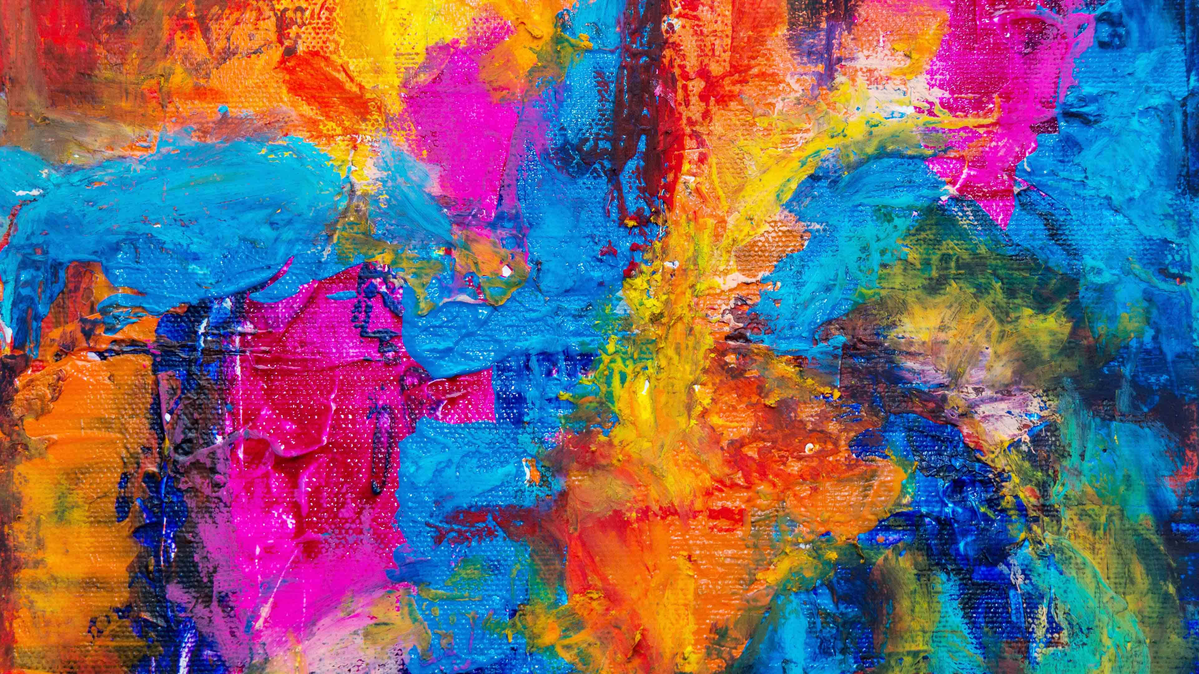 Abstract Expressionism 桌布 壁紙 — 充滿活力的抽象畫，在畫布上以電光藍、粉紅、橙和黃色的厚實紋理筆觸繪成。