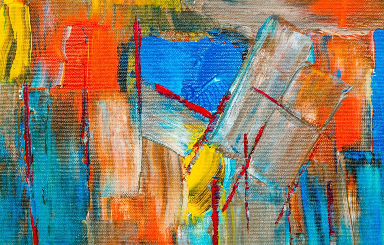Abstract Expressionism 桌布 壁紙 — 充滿活力的抽象畫，在紋理畫布上以藍色、橙色、黃色和紅色的粗獷筆觸繪製。