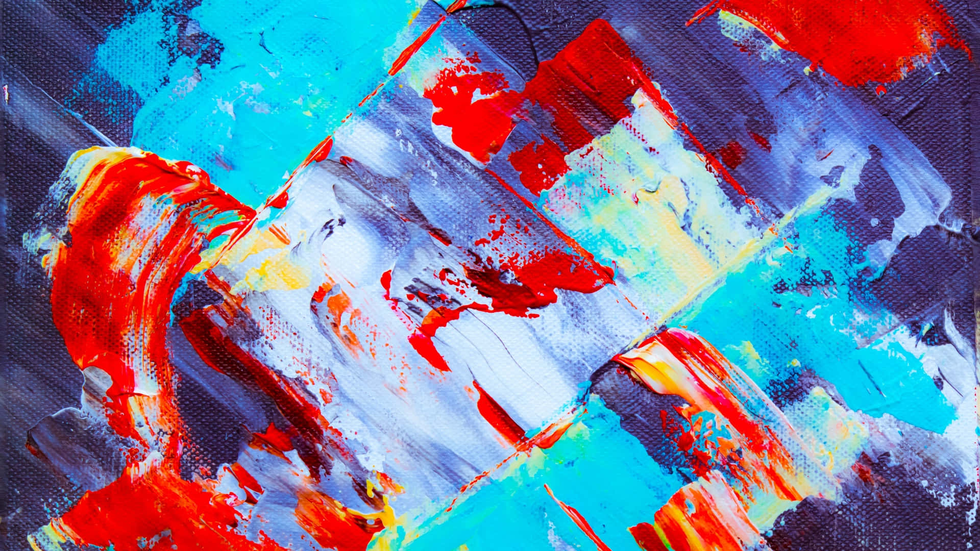 Painting 桌布 壁紙 — 充滿活力的抽象畫，在紋理畫布上以大膽的紅色、藍色和白色筆觸呈現。