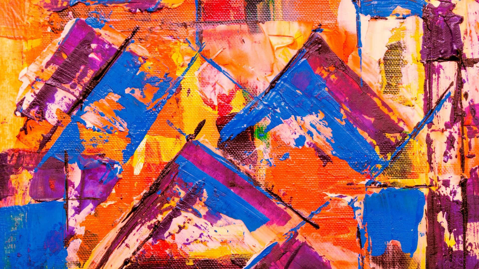 Painting 桌布 壁紙 — 充滿活力的抽象畫，在紋理畫布上疊加了大膽的橙色、紫色和藍色筆觸。